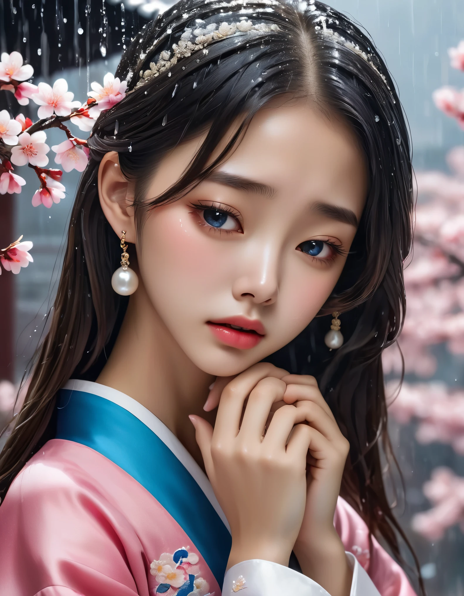 （Beautiful face of crying Chinese girl covering her face with handkerchief）, （With many, many tears in her eyes：1.3），（watery eyes）（bowed slightly），（Cover your face with your hands and cry），Pearl ear-rings, long eyelashes and pink lips, face close-up, clean face, round chin, blue eyes, Blue embroidered hanbok, Pear blossoms bring rain，White background. illustrate, 3D rendering, Bright colors and exquisite details, as illustration poster, 2D game art style, Color proofing, HD, 32k ,disney，