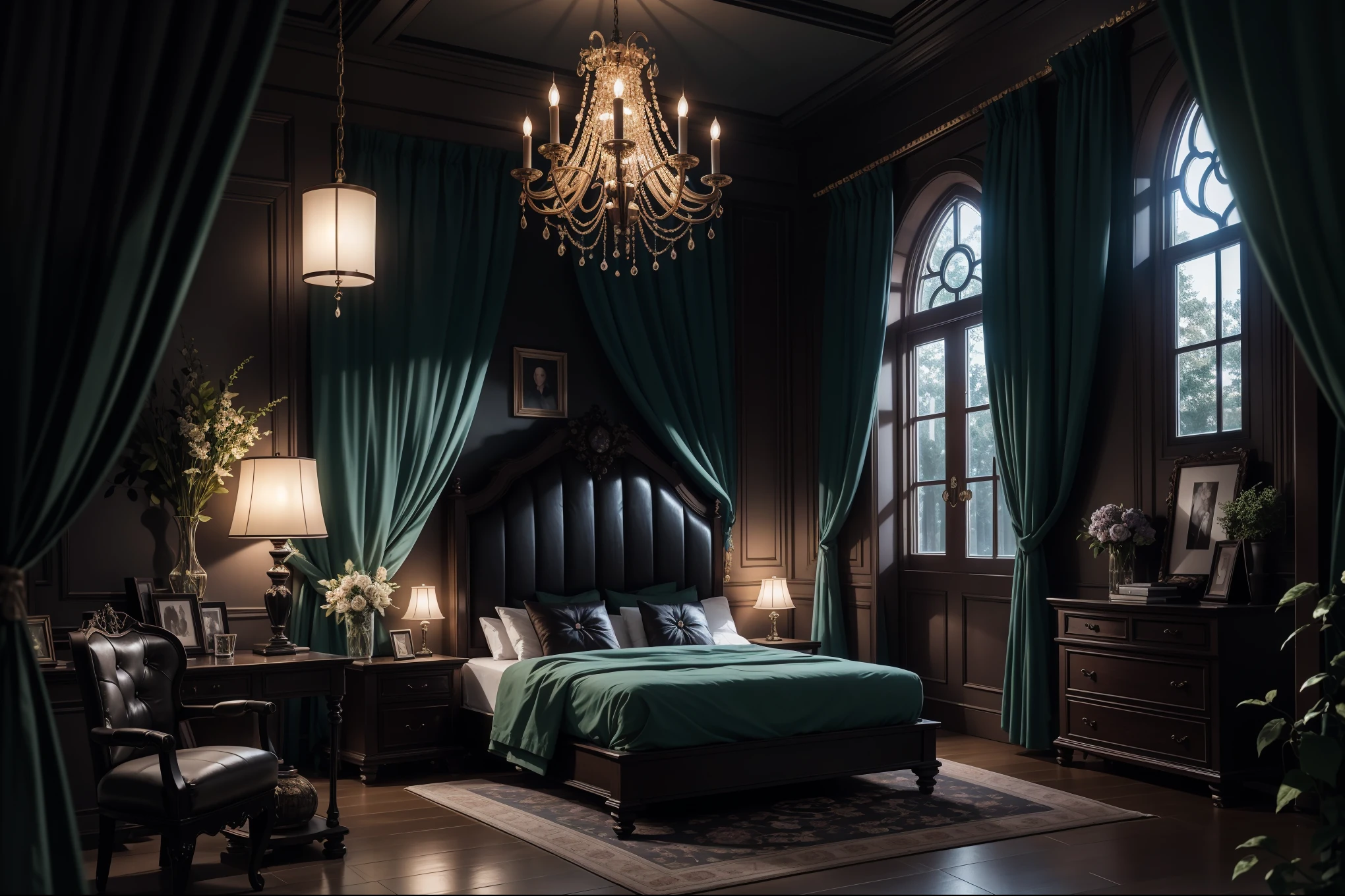 dark night、Bedroom in a Western style building deep in a dark and mysterious forest.、a large bed、Close-up on a pillow、 interior architecture, gothic art, Verism, One person's point of view, outside, canon, Super Detail, high quality, A high resolution, 8 k, Best quality