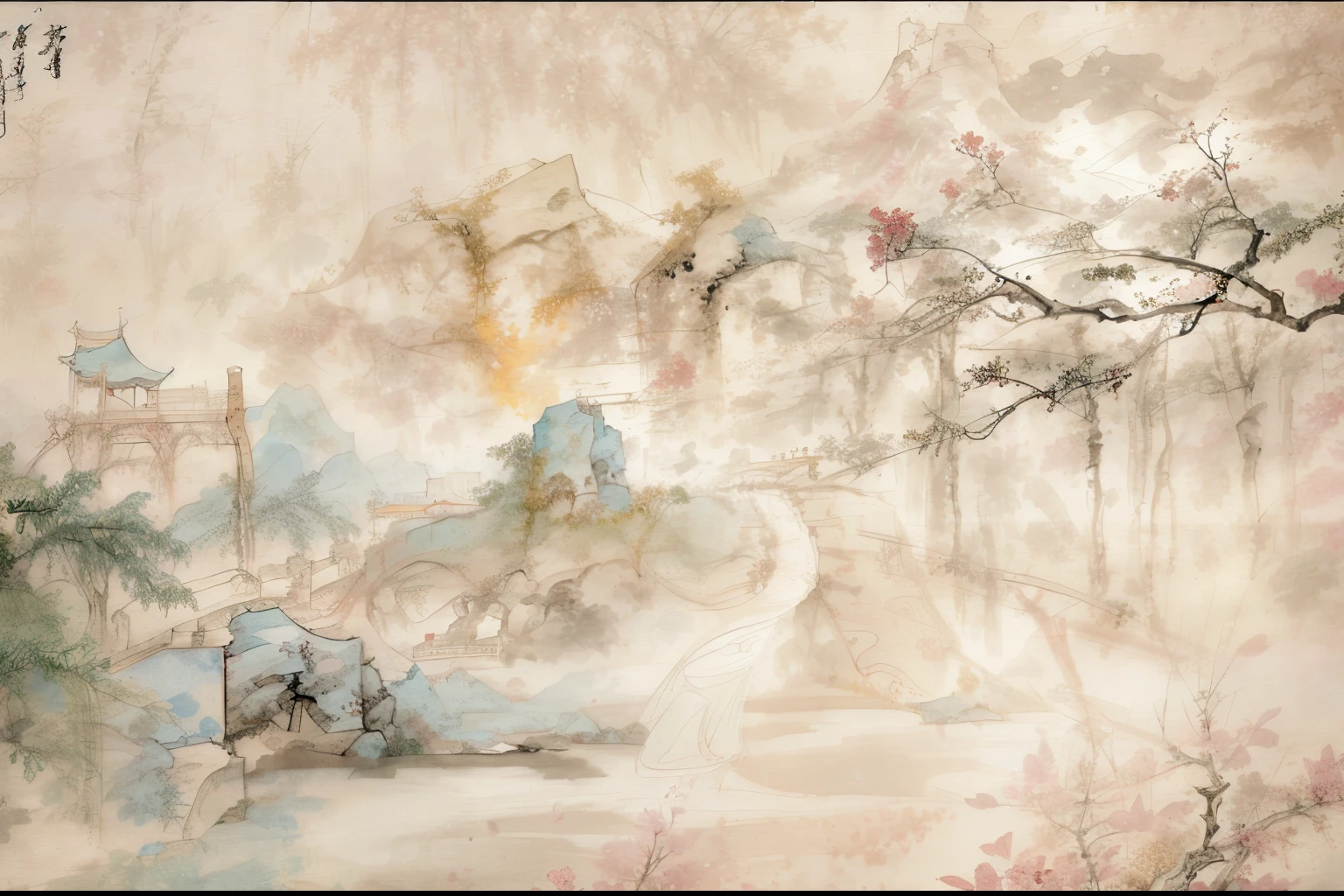 Chinese painting style, Chinese style, Detailed Landscape—Width 672, Chinese watercolor style, Inspired by Song Huizong, Inspired by Xie Shichen, Oriental wallpaper, Chinese painting, inspired by Dong Qichang, Traditional Chinese painting, Inspired by Ma Yuan, A masterpiece of classical landscape painting，need，，(((No_human nature))),solo，Chinese painting，，abundant，rich and colorful, clear focus, Instagram is the most viewed, concept artist, mountains in the distance，depth of field, Floral fragrance, bushing，flowing water，fog