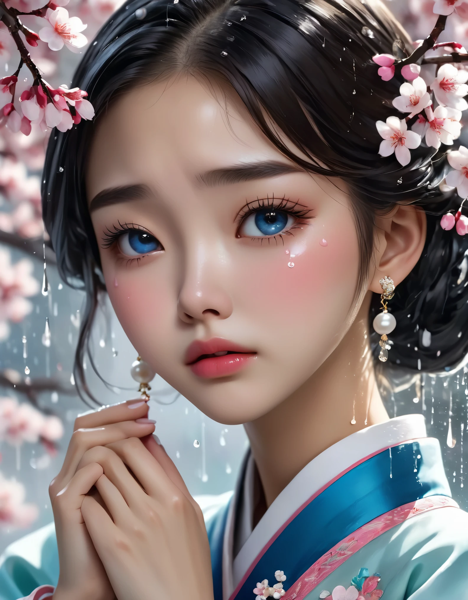 （Beautiful face of crying Chinese girl covering her face with handkerchief）, （With many, many tears in her eyes：1.3），（watery eyes）（bowed slightly），（Cover your face with your hands and cry），Pearl ear-rings, long eyelashes and pink lips, face close-up, clean face, round chin, blue eyes, Blue embroidered hanbok, Pear blossoms bring rain，White background. illustrate, 3D rendering, Bright colors and exquisite details, as illustration poster, 2D game art style, Color proofing, HD, 32k ,disney，