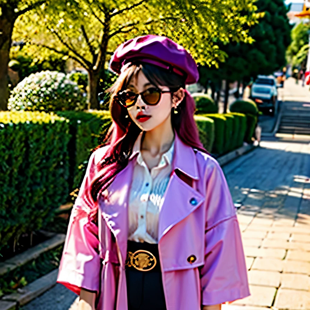 4k, actual, high detail, Super eyes detailed, fashion clothing, Pink trench coat, french beret, Black pants with belt, long hair, in the city, pink hair, purple eyes, Yae Shrine Maiden, Wearing stylish sunglasses,