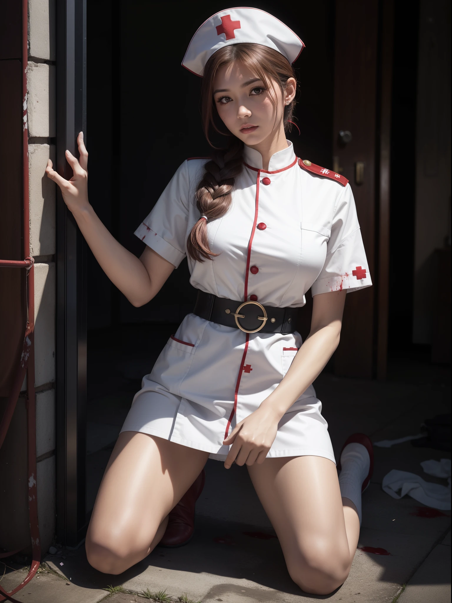 artworks，Best image quality，8K resolution，ultra high resolution，high detal，Higher quality，Oriental women，An injured female nurse，exquisite facial features，s the perfect face，the doctor，solo person，Be red in the face，embarressed，Drunk，brunette color hair，Extremely detailed depiction of hair，(JK white nurse's uniform)，(nurse's outfit)，Nurse hat，Red Cross Mark，(blood-stained)，There is an emergency medical kit next to it，Wasted area，Collapsed buildings，dreads，Facing the viewer，Art Nouveau，Love pupilid hair，High ponytail，epaulette，arm belt，Armband，Band-aid on the forehead，Long-barreled combat boots，Kneeling，binding，Hands behind you，Get close to the viewer，eventide,a little blood