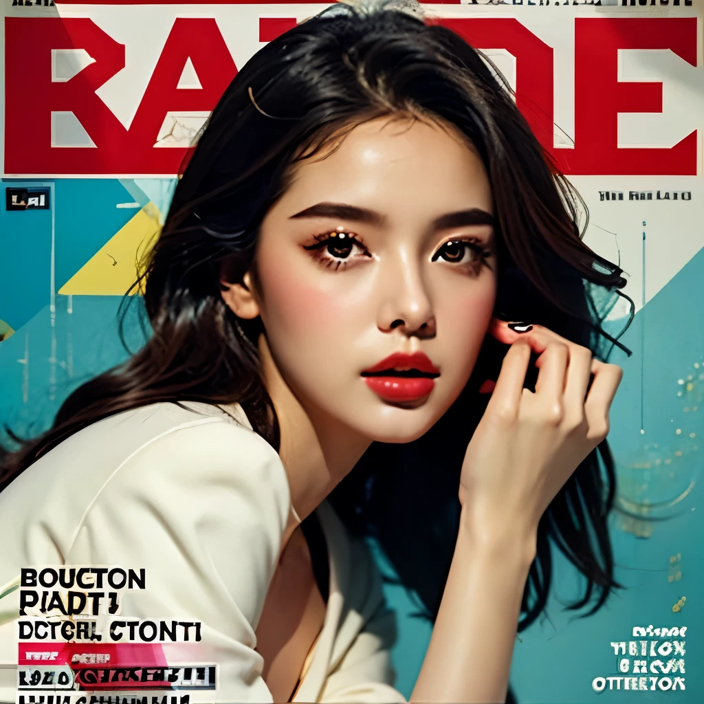 (magazine cover:1.3),ulzzang-6500, (actual: 1.3) (The original: 1.2), masterpiece, best quality, beautiful clean face, whole body, 1 girl, glitch art, (digital distortion), pixelated clip, Data corruption,color noise, visual clutter,contemporary aesthetics