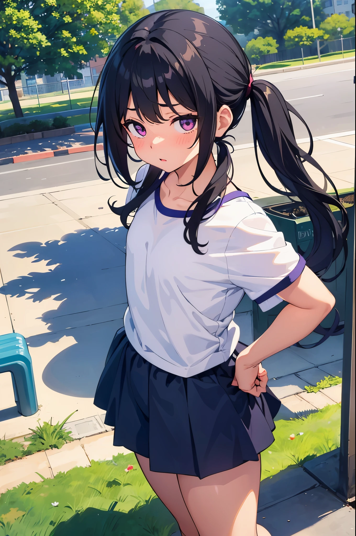 Elementary school girl, Flat chest, black hair, long hair, purple eyes White large short-sleeved T-shirt on the upper body White panties on lower body((I can see her panties)) barefoot Girl's Room holding the hem of the shirt Standing Dynamic angle Low angle