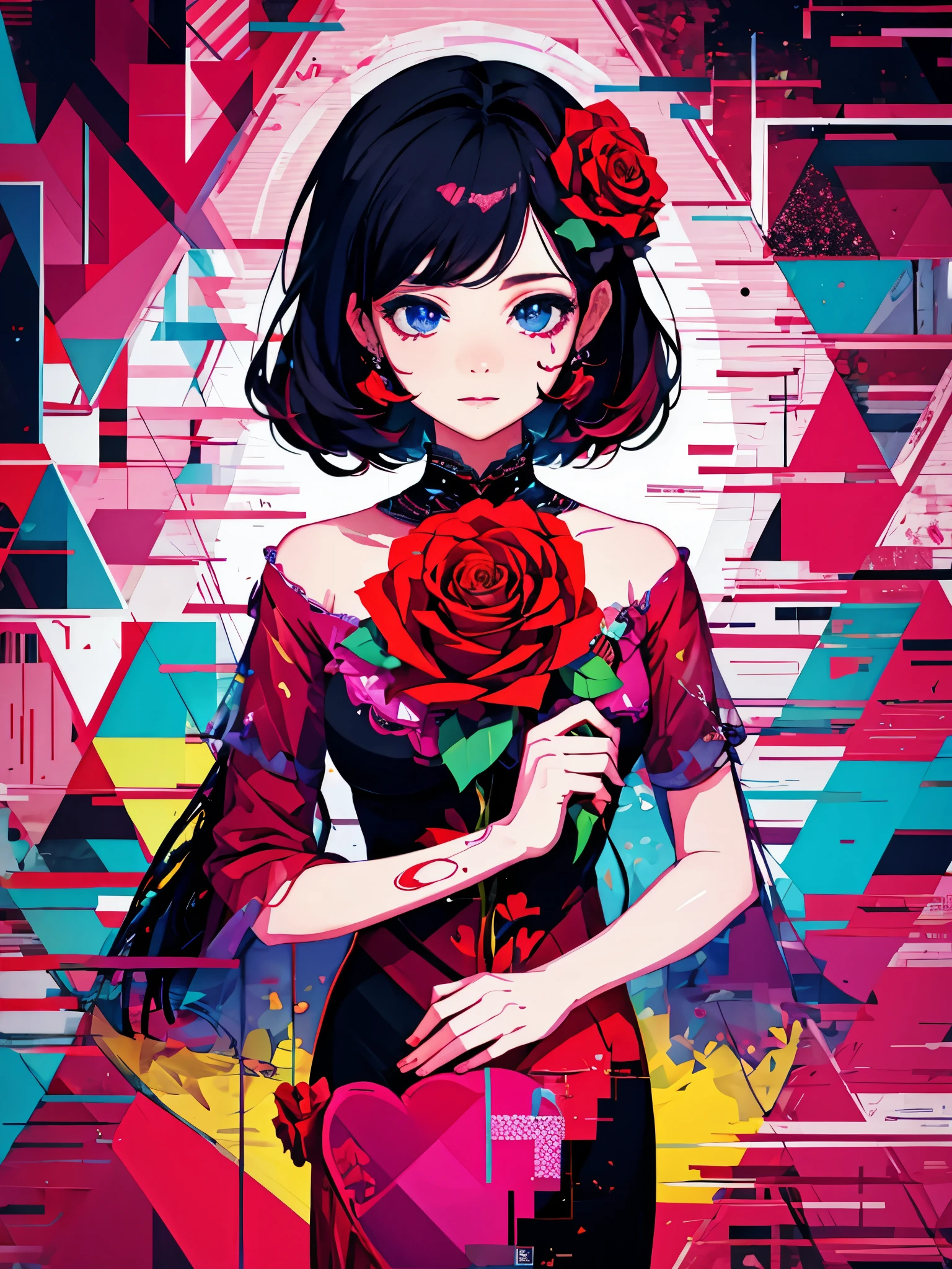 Geometric art, geometric rose, valentine, (glitch:1.4), masterpiece, illustration, girl, close up