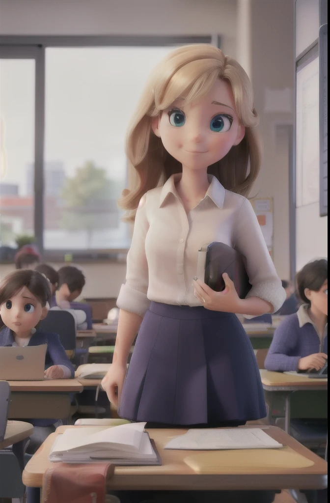 A teacher is teaching computers in a large classroom with students.