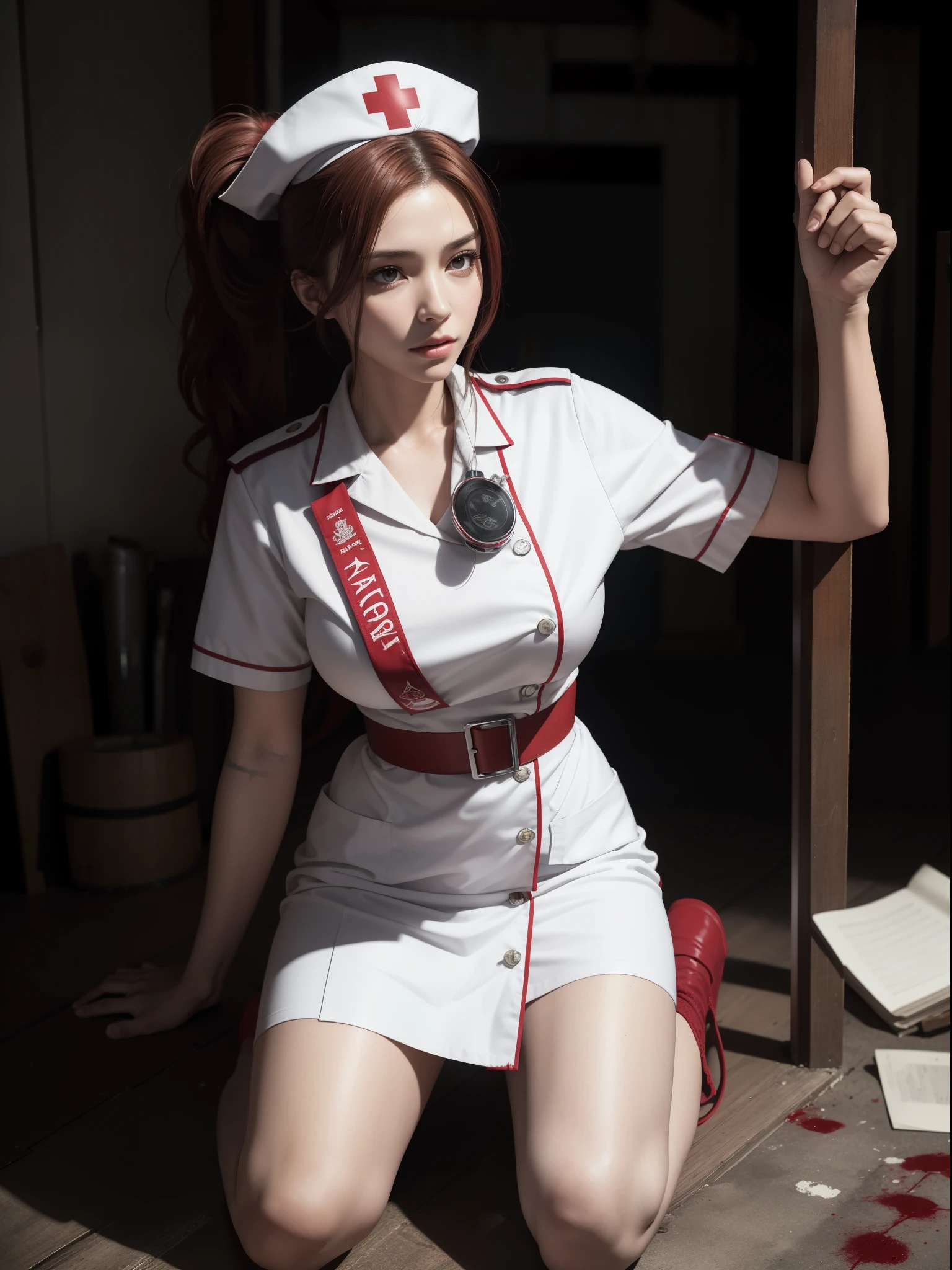 artworks，Best image quality，8K resolution，ultra high resolution，high detal，Higher quality，Oriental women，An injured female nurse，exquisite facial features，s the perfect face，the doctor，solo person，Be red in the face，embarressed，Drunk，brunette color hair，Extremely detailed depiction of hair，(JK white nurse's uniform)，(nurse's outfit)，Nurse hat，Red Cross Mark，(blood-stained)，There is an emergency medical kit next to it，Wasted area，Collapsed buildings，dreads，Facing the viewer，Art Nouveau，Love pupilid hair，High ponytail，epaulette，arm belt，Armband，Band-aid on the forehead，Long-barreled combat boots，Kneeling，binding，Hands behind you，Get close to the viewer，eventide,a little blood