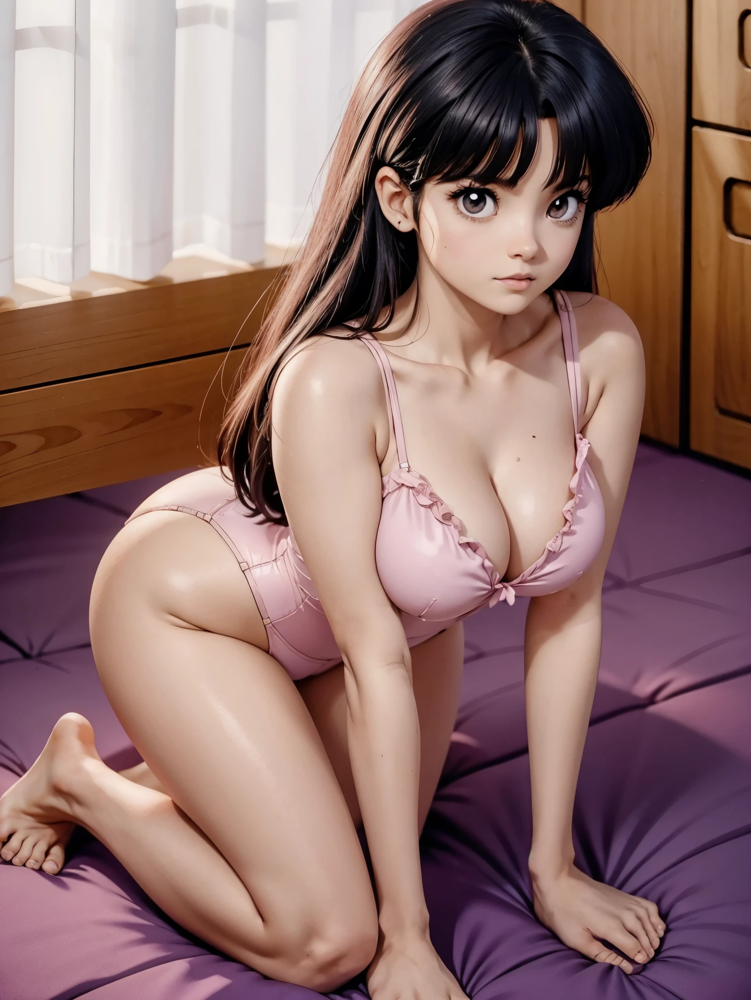 Dark-haired anime girl in pink swimsuit and corset, , corpo bonito, seios grandes, com as hands on chest, hands on chest, Garota sexy, purple cabelo, mechas de cabelo laterais, mechas de cabelo na lateral do rosto, beautiful lighting, sombras suaves, olhos azuis, pernas bonitas, cabelo curto, estilo anime, personagem Akane Tendo, Autora Rumiko Takahashi, Baseado em obra de Rumiko Takahashi, Anime Ranma 1/ 2, decote sexy, quadril robusto, corpo inteiro, corpo inteiro, busto grande, garota jovem com corpo belo e bonito, sandals on his feet, garota 16 anos usando maiô e corset pink, garota anime, estilo anime, beautiful feet in sandals, 45° viewing angle, ao ar livre, peito grande, seios bonitos, cabelo preto, sandals on the feet, pernas bonitas, sexy, belas pernas, Sandalias, seios grandes, corpo completo, corpo inteiro, feet with sandals, anime realista, saia, sarja roxa, personagem realista sexy, realistic anime