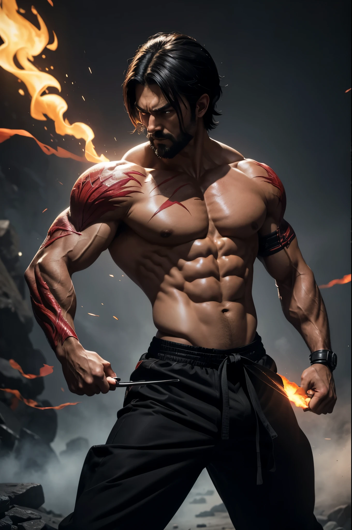 8K,tall macho man,demon horn,Eyes split vertically,black short hair,martial arts costume,martial arts black pants,Black light,real art,masterpiece,highest qualityのフォトリアリスティックなRAW写真。bright colors,rich colors, Backlight, cinematic lighting, film grain, to be born, 50MM lens, Nikon D850,detailed character art,fantasy art,ultra high resolution,super realistic skin,perfect hand shape,Photoreal　Raw photo　highest quality;1.4 ,Depth of object being written,detailed light,Be careful of helicopter details,Very delicate and beautiful expression,technical sense,sharp focus,rich background,have a tonfa,Forms of anger,anger,wrapped in red-black smoke,muscle pump up,Muscular armor,Violent and strongly cracked abdominal muscles,