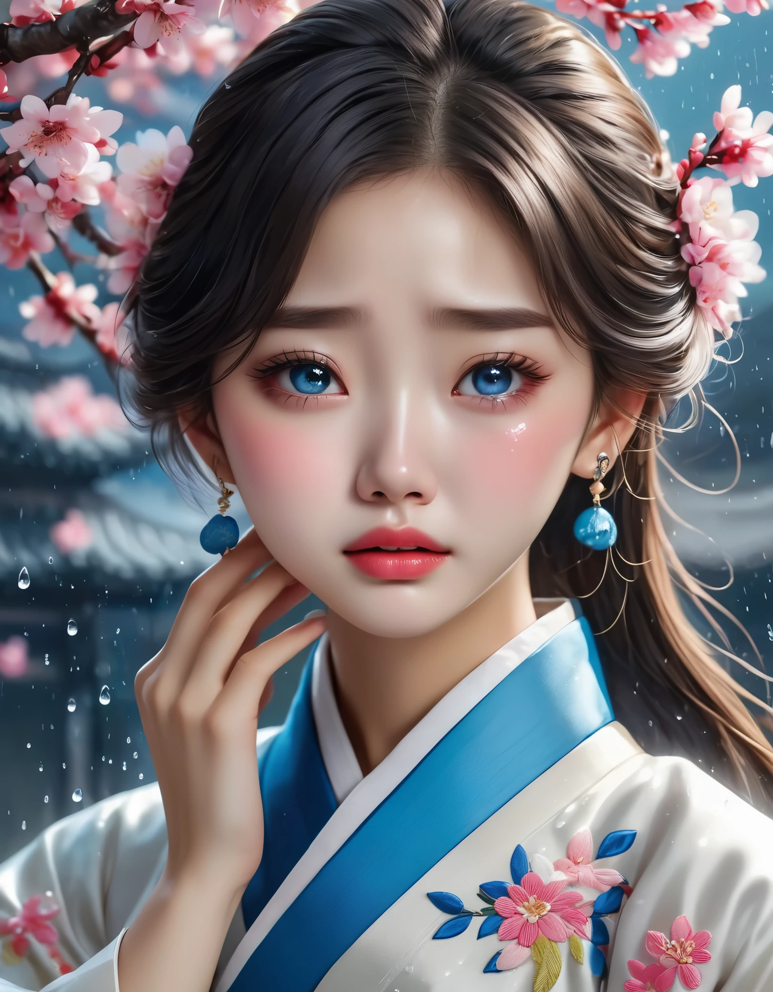 （Beautiful face of crying Chinese girl covering her face with handkerchief）, （With many, many tears in her eyes：1.3），（watery eyes）（bowed slightly），（Cover your face with your hands and cry），Pearl ear-rings, long eyelashes and pink lips, face close-up, clean face, round chin, blue eyes, Blue embroidered hanbok, Pear blossoms bring rain，White background. illustrate, 3D rendering, Bright colors and exquisite details, as illustration poster, 2D game art style, Color proofing, HD, 32k ,disney，