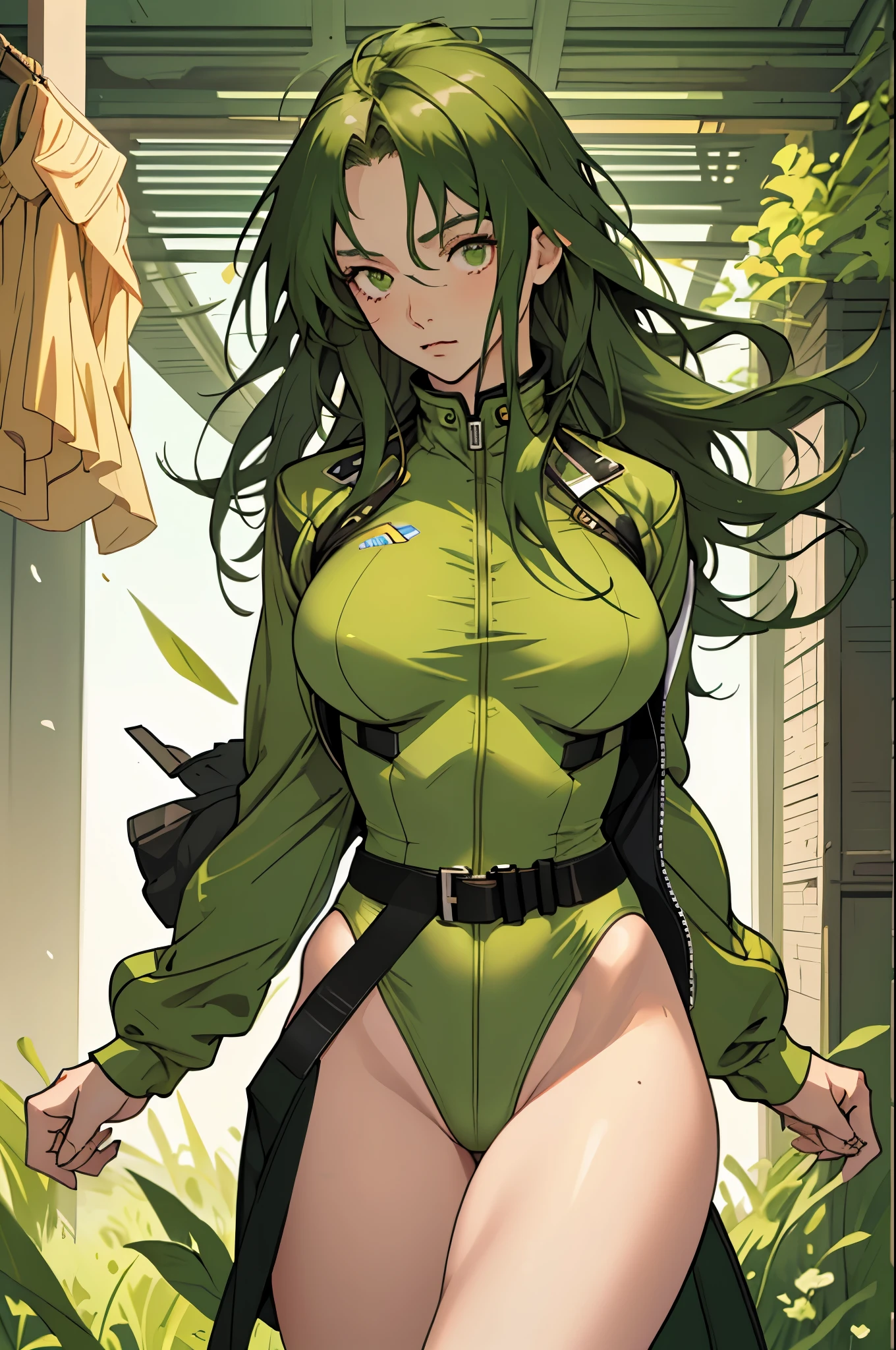 
masterpiece, highest quality, High resolution, 1 girl, ticker, long hair, big breasts, race_Queen,green leotard, Jacket, embarrassing,closed mouth, field, 