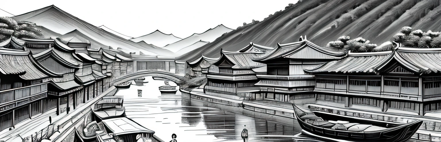 drawing of arafed river with boats and old buildings in it, chinese brush pen illustration, by Yang Borun, beautiful chinese city, detailed art, very detailed illustration, traditional korean city, by Ni Yuanlu, very detailed ink illustration, detailed ink illustration, detailed sumi - e illustrations, detailed sumi-e illustrations, very detailed illustrations.”