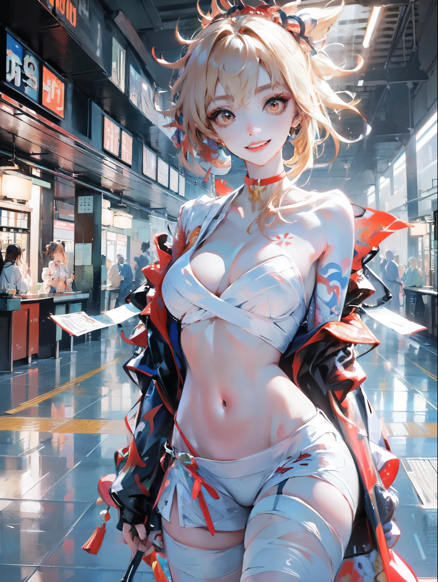 real picture (1 cute korean stars) flip hair, Light makeup, large breast size, naked, at the train station, Canon EOS facial features are clear, 16k, high resolution, Clear and lifelike details, overexposure, cut, ultra high definition, high resolution, best quality,Navel exposed,naked breast