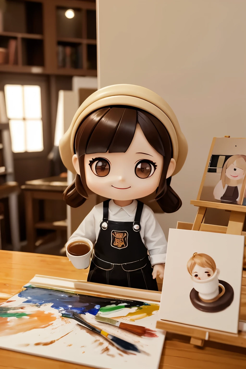 Photoreal、Painting using coffee as paint、chibi girl、smile