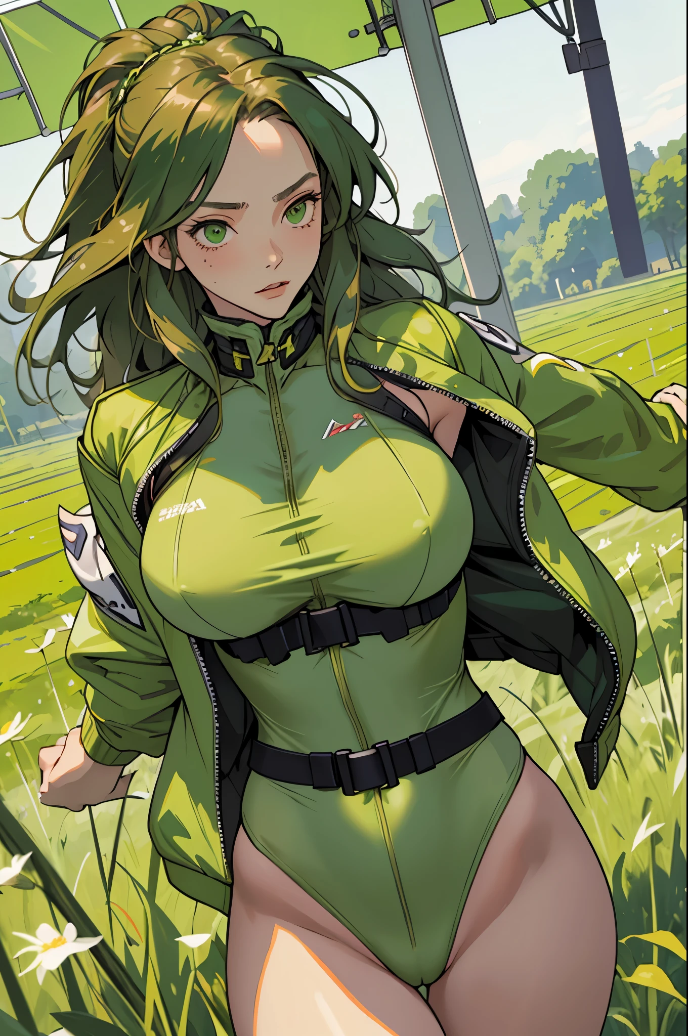masterpiece, highest quality, High resolution, 1 girl, ticker, long hair, big breasts, race_Queen,green leotard, Jacket, embarrassing,closed mouth, field,