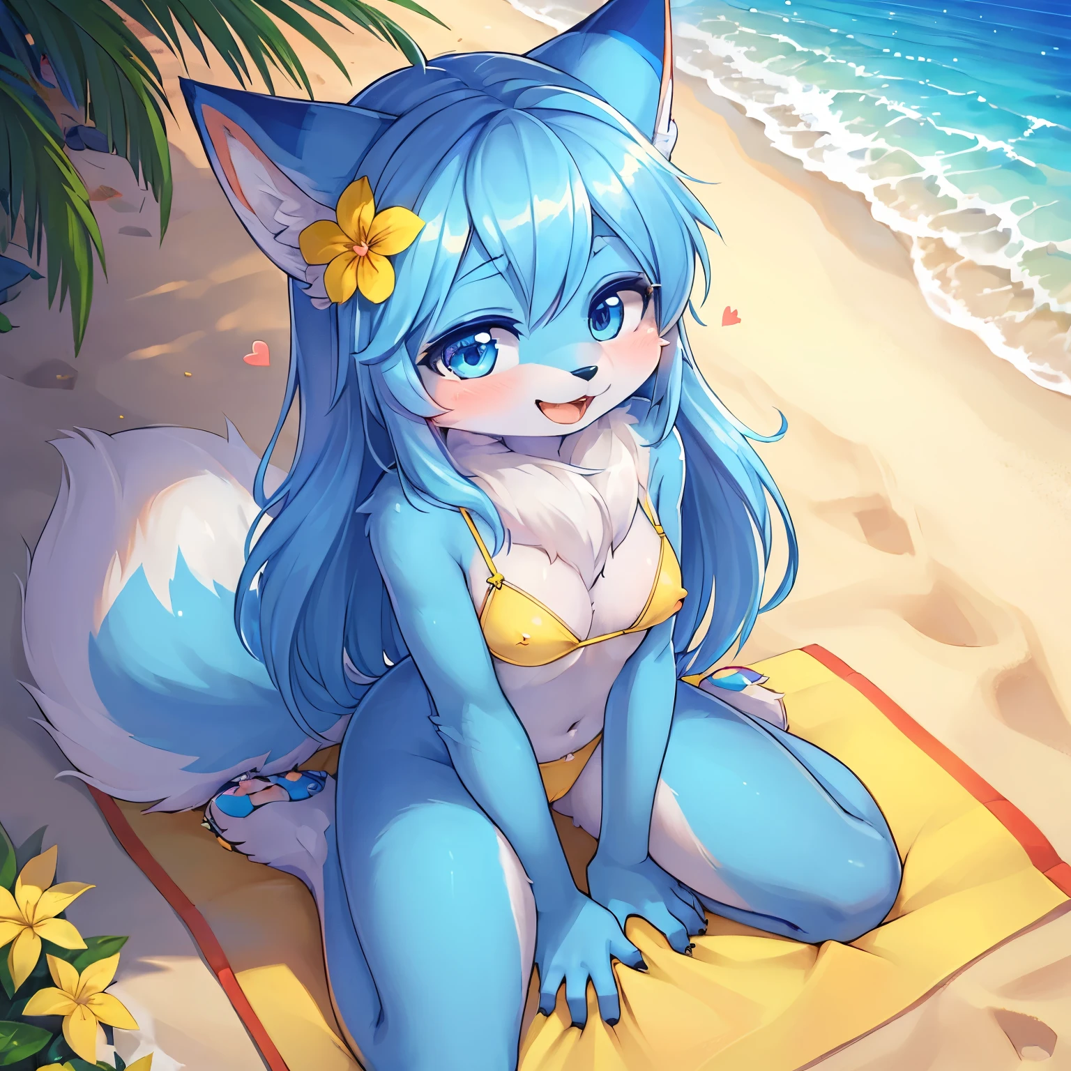 (fluffy anthro furry :1.6),(young :1.6),blue fox girl,light blue long hair,wavy hair,pubic fur,neck fur,small breasts,yellow neon bikini,flower hairpin,on kneel,sunbeam,beautiful beach,relax face,open mouth,smile,looking at viewer,full face blush,heart eyes,heart expression eyes