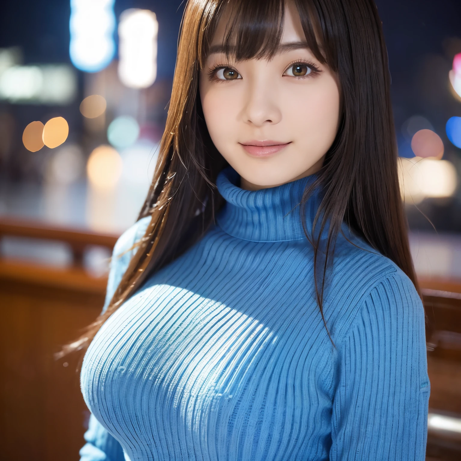 (highest quality、table top、8K、best image quality、Award-winning work、ultra high resolution)、1 girl、(Blue Turtleneck Knit:1.3)、epic movie lighting、very moody and romantic lighting、It&#39;s snowing、Shinjuku at night、Glittering night view、blurry night view、perfect anatomy、(very big breasts:1.1)、(emphasize a large bust line:1.1)、(very big breasts:1.1)、slender body, look at me and smile、perfect makeup、long eyelashes、ultra high resolutionの煌めく瞳、ultra high resolutionの髪の毛、ultra high resolutionの艶のある唇、ultra high resolutionの美しい歯、ultra high resolutionの可愛い顔、blurred background、Premonition of romantic love、(close up of face:1.5)、(look at me and smile:1.1)