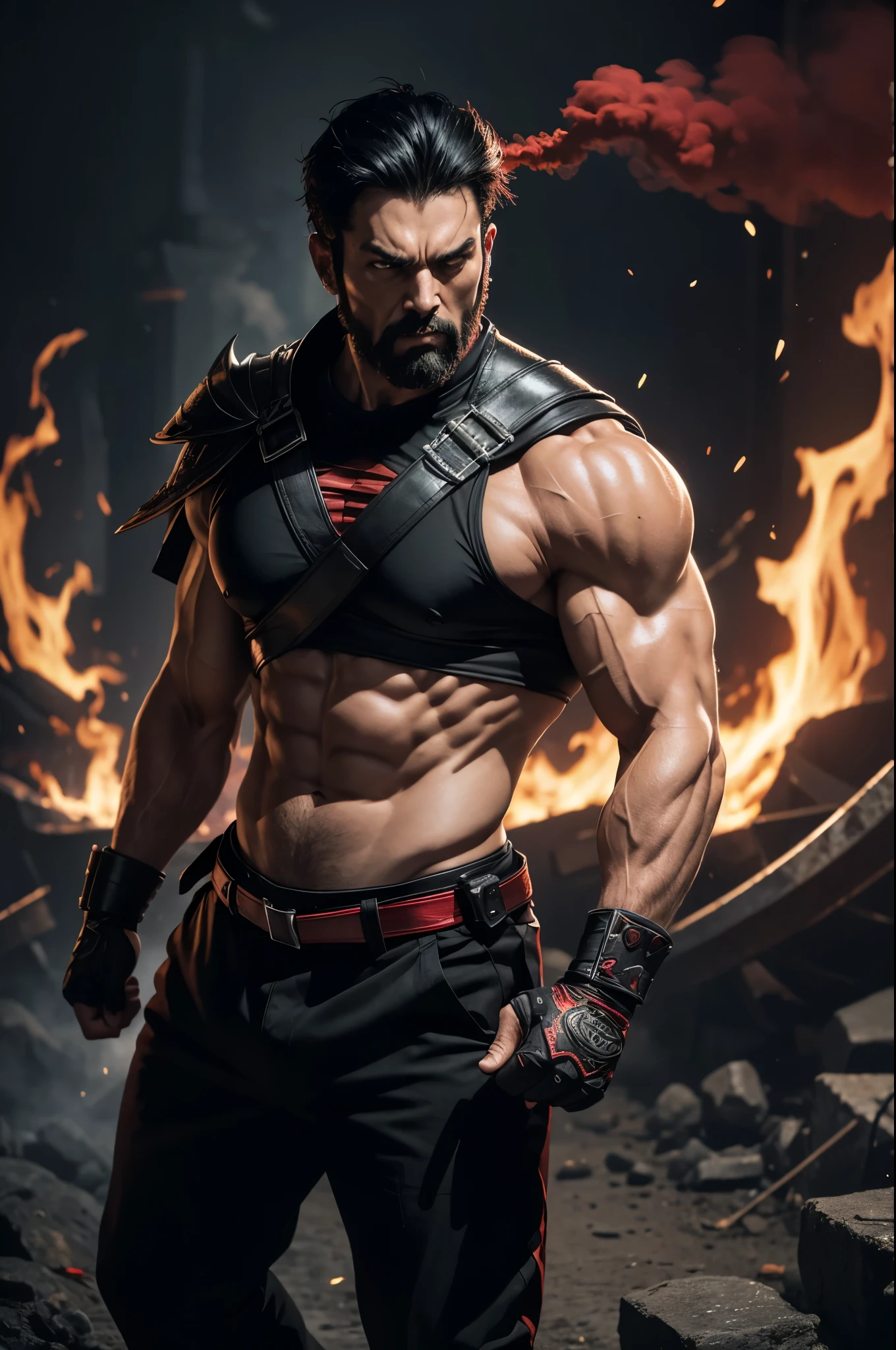 8K,tall macho man,demon horn,Eyes split vertically,black short hair,martial arts costume,red and black combat uniform,martial arts black pants,Black light,real art,masterpiece,highest qualityのフォトリアリスティックなRAW写真。bright colors,rich colors, Backlight, cinematic lighting, film grain, to be born, 50MM lens, Nikon D850,detailed character art,fantasy art,ultra high resolution,super realistic skin,Perfect hand shape,Photoreal Raw photo highest quality;1.4 ,Depth of object being written,detailed light,Be careful of helicopter details,Very delicate and beautiful expression,technical sense,sharp focus,rich background,have a tonfa,Forms of anger,anger,wrapped in red-black smoke,muscle pump up,Muscular armor,Violent and strongly cracked abdominal muscles,
