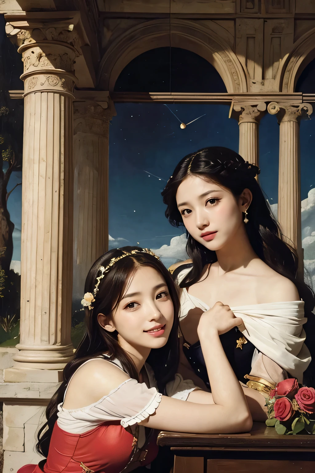 Giorgione painting style,Arguments of two female Philosophe,math、astronomical machine、astronaut、roses in vase、fruits、Cute trinkets、smile、ancient greek costume、Ancient Roman landscape in the style of Nicolas Poussin,laughter,,Sweet and seductive appearance.、Caravaggio's paintings、Chiaroscuro of Caravaggio、hair tousled by the wind,Two women frolicking,cute smile, expression of ecstasy,Sexy,erotic