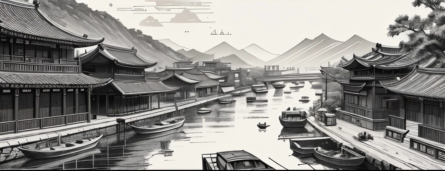 drawing of arafed river with boats and old buildings in it, chinese pen illustration, by Yang Borun, beautiful chinese city, detailed art, very detailed illustration, traditional korean city, by Ni Yuanlu, detailed sumi - e illustrations, detailed sumi-e illustrations, very detailed illustrations, simple line art”