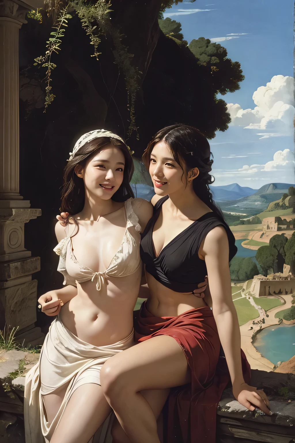 ancient roman sculpture,Ancient Roman ruins,Poussin-style landscape,A smile,,Sweet and seductive appearance.、Caravaggio's paintings、Chiaroscuro of Caravaggio、Hair disheveled in the wind,Two women frolicking,Cute smile, Expression of ecstasy,A sexy,Erotic