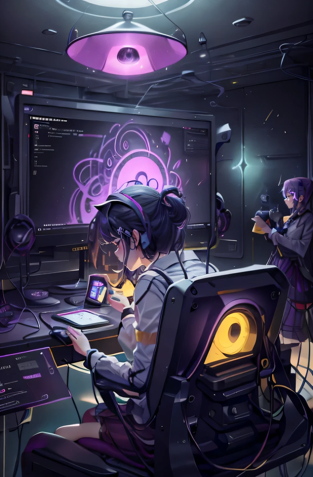 Create a podcast microphone, yellow microphone laugh,Multiple monitors,multiple illusions, 1:1, purple neon light, Learning scenarios,multiple illusions
