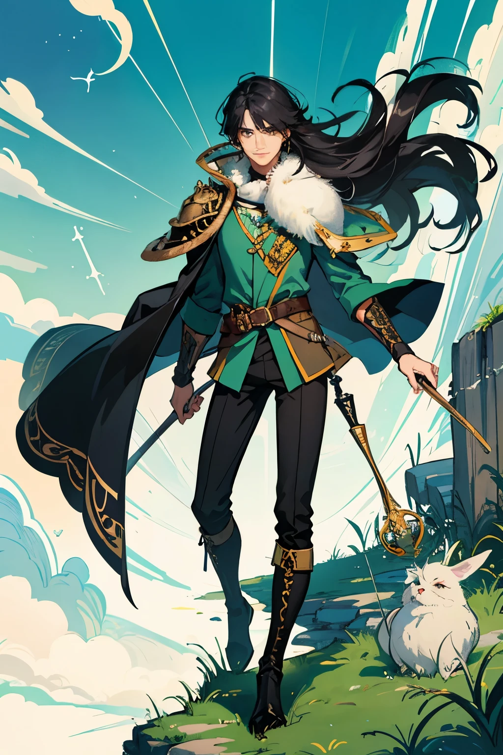 Original, (illustration: 1.1), (best quality: 1
2), (masterpiece: 1.1), tall skinny guy, thigh high boots, stylish boots, black hair, ((long hair)), ((shoulder length hair)), ((fluffy hair)), gray eyes, narrow eyes, ((eyebags)), adventurer, traveler, green tunic, light pants, travelling coat, (((1boy))), (((1 male))), parted bangs, flirty, confident, grinning, handsome, androgynous face, (((bard))), best ratio