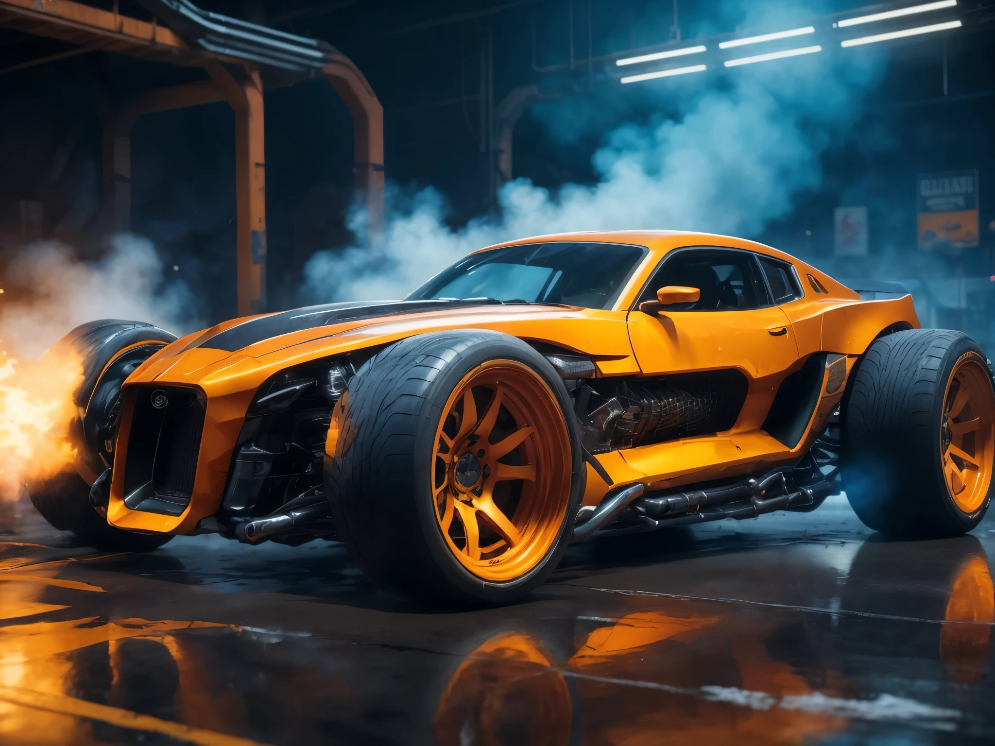 there is a yellow car with orange wheels on a wet surface, octane 4 k render, octane 4k render, 8k octane 3d render, octane 8k render, octane 8 k render, 8k octane render uhd, 8 k octane detailed render, octane engine render 8k hdr, 8 k octane render, 8k octane render, octane cgsociety