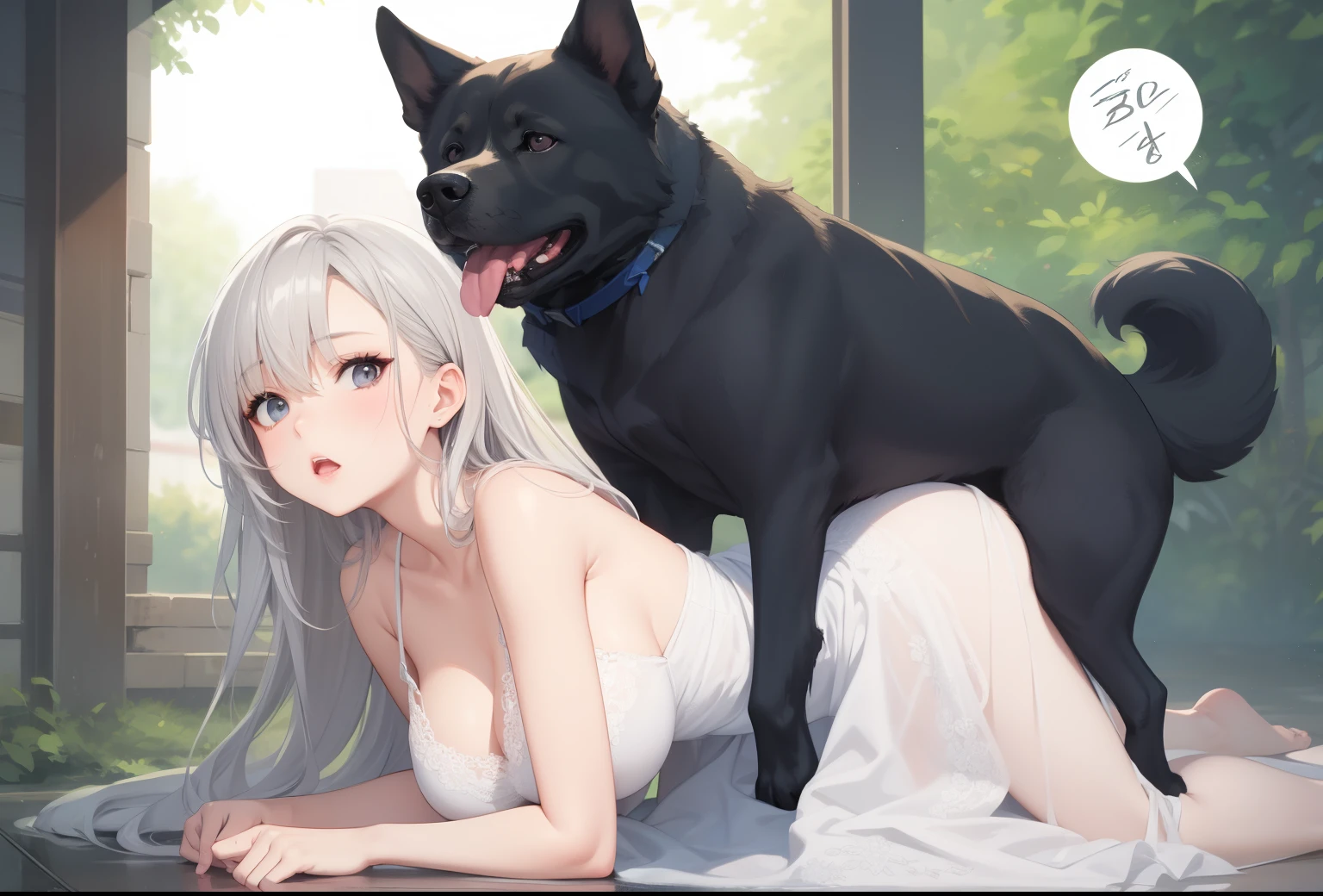 big breasts:1.5、、highest quality、very detailed、Very realistic eye masterpiece、highest quality、very detailed、gray hair、perfect face、long hair、white dress、sundress、Sex with dogs、