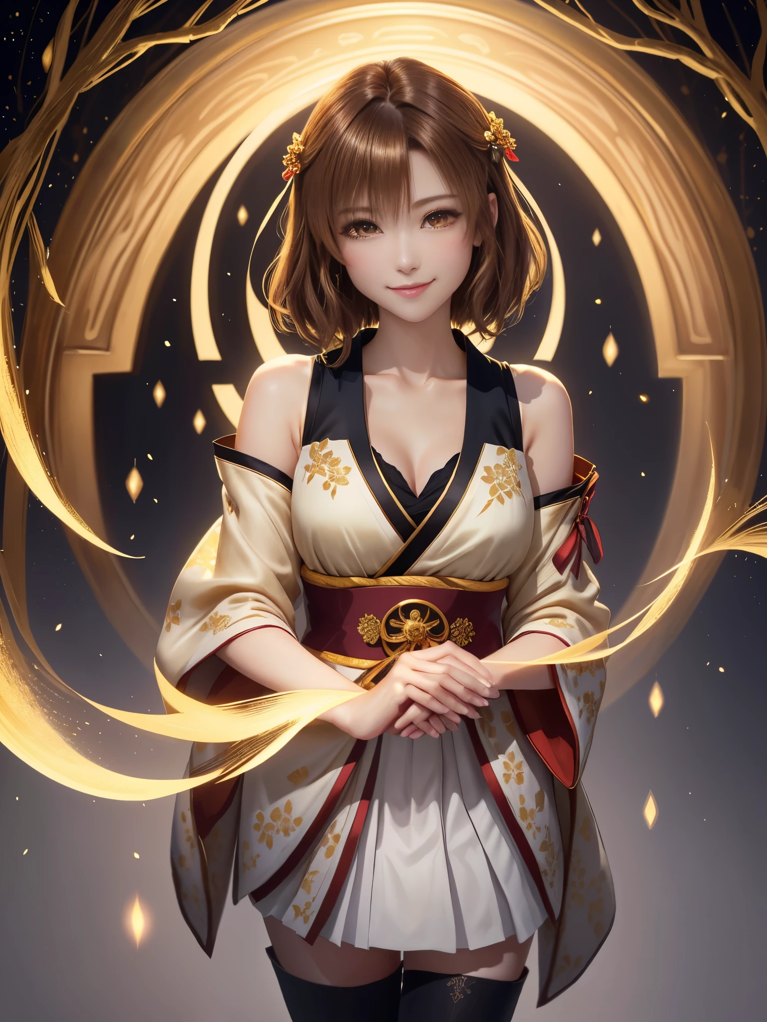 masterpiece , best quality,smile,smile,small face,shoulder exposure,golden kimono,less cleavage exposure,light brown hair,beautifully curled hair,slender body shape,brown eyes,Contrast faithfully reproduced,short hair,Beautiful short hair,Berry Short,short cut hair,just one person,precision quality,A faithful reproduction of the human eye, The surroundings are shining gold,golden aura around the body,golden shining background,masterpiece,night,nightの背景,golden background,cherry blossom background,beautiful details, colorful, delicate details, delicate lips, intricate details, genuine, ultrargenuineista, 枝に座っている色とりどりの髪のFoxを持つ女の子:Mature, bright eyes, ,色とりどりのFox, raposa de nine tails, 三尾Fox, 三尾Fox, onmyoji detail art, beautiful fine art illustration, mythical creatures, Fox, beautiful digital art,shrine maiden,hold hands,exquisite digital illustration, mizutsune, Inspired by mythical wild web creatures, pixiv in digital art, shining light, high contrast, Mysterious,