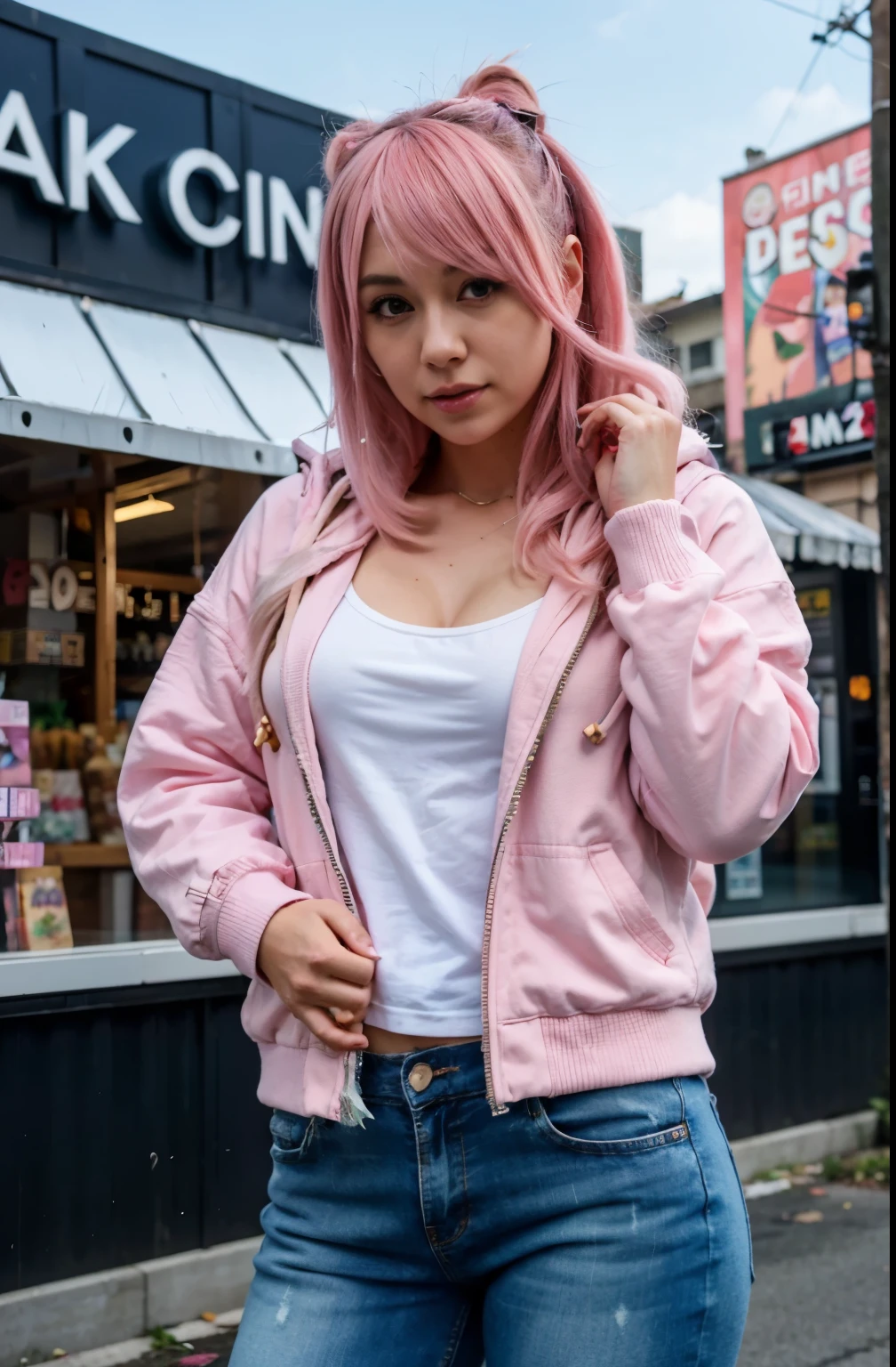 arafed woman in pink hair wearing winter jeans and full fluffy hoodie jacket , ross tran 8 k, smooth pink skin, alena aenami and artgerm, some pink, seductive anime girl, 8k high quality detailed art, badass anime 8 k, photorealistic anime girl render, thicc, pink girl, beautiful alluring anime woman, 3 d anime realistic
