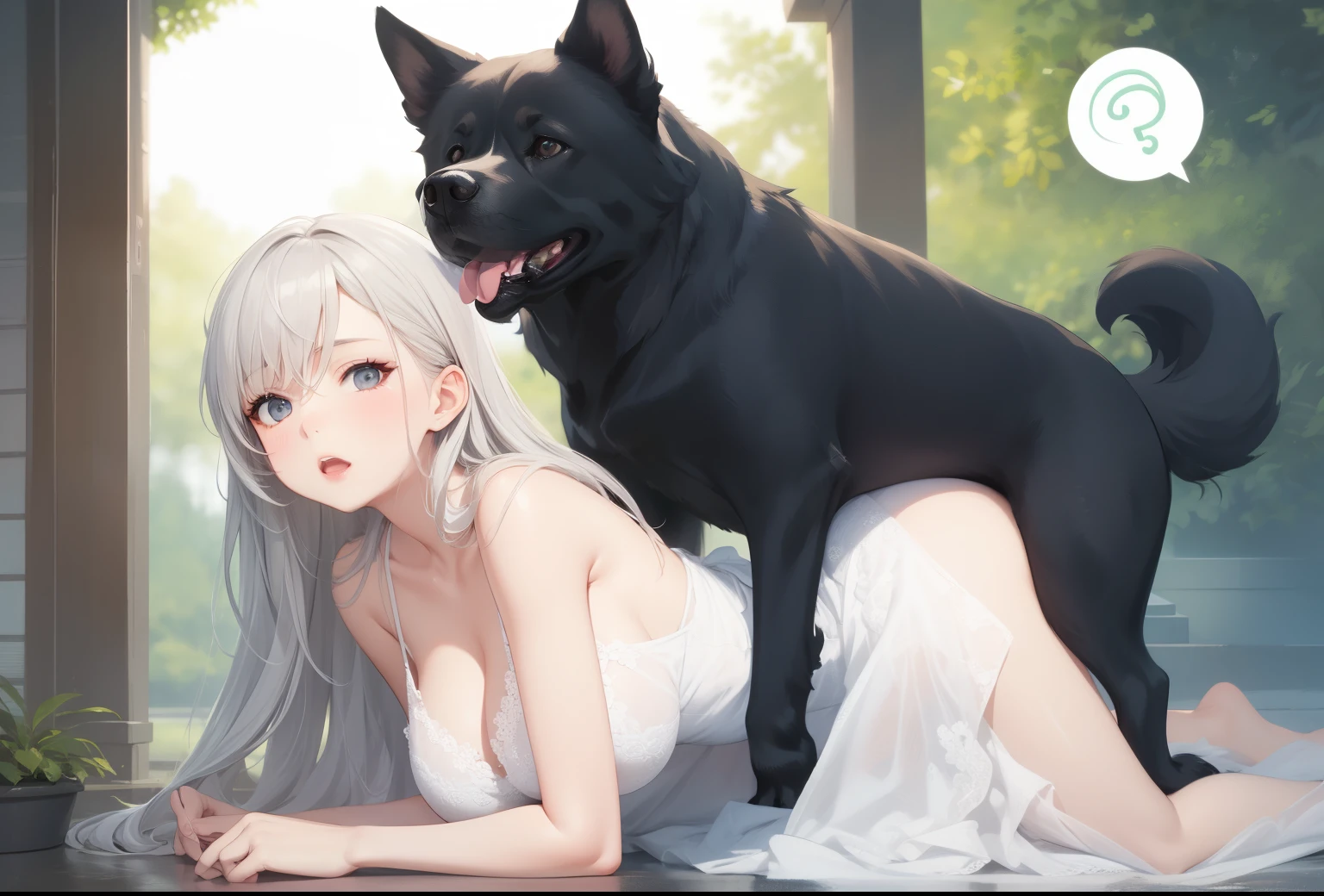 big breasts:1.5、、highest quality、very detailed、Very realistic eye masterpiece、highest quality、very detailed、gray hair、perfect face、long hair、white dress、sundress、Sex with dogs、