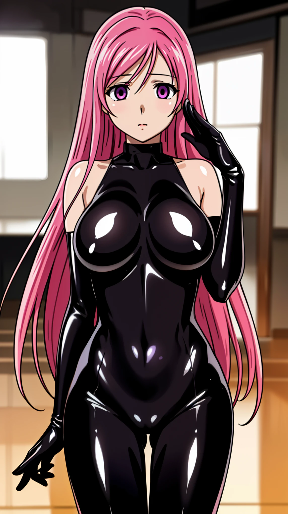 1 girl,NSFW, Chiye Moexiang ,(Rosario and Vampire),clavicle, absurd, brainwashing,Combatant, empty eyes,((purple glowing eyes 1.5)),  (huge breasts 1.8), No expression, emotions removed,(black latex tight bodysuit),avert your eyes , whole body shape, ((stand up, salute)),(highest quality、4k、8k、High resolution、must have:1.2)、Super detailed、(reality、realisticです、realistic:1.37)、ticker、hyper hd、studio lighting、ultra definition paint、sharp focus、Physically based rendering、extreme details、Professional specifications、vibrancy and color、blurry、sports portrait、landscape、horror style、anime big breasts、SF、photograph、concept artist、five fingers, perfect body,  {{{masterpiece}}}, {{{highest quality}}}, {{Super detailed}}, {shape}, {{very delicate and beautiful}},Improved cost performance、all roles、Canon 5D MK4でphotograph、photograph, 