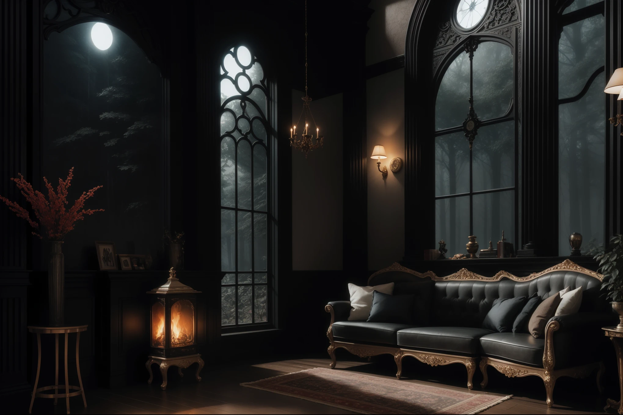 dark night、Western style living room deep in a dark and mysterious forest、relax、 interior architecture, gothic art, Verism, One person&#39;s point of view, outside, canon, Super Detail, high quality, A high resolution, 8 k, Best quality