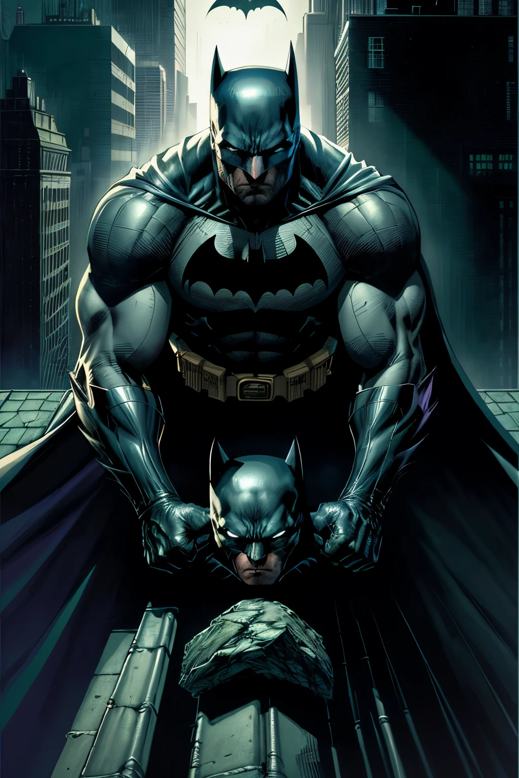 Title: "Batman: The Dark Synergy"
A haunting comic book cover unfolds before us, a masterpiece in the style of renowned artist Mike Deodato. The brooding mood is palpable as Batman, clad in his iconic armor, stands guard on a dark, gothic rooftop. Perched atop the Caped Crusader, a sleek black cat observes the grim scene below with unblinking green eyes.
The realistic hyper-detail in this artwork is astounding. Each line, each crease, and each texture is rendered with meticulous care. Batman's fierce expression is etched into his mask, while