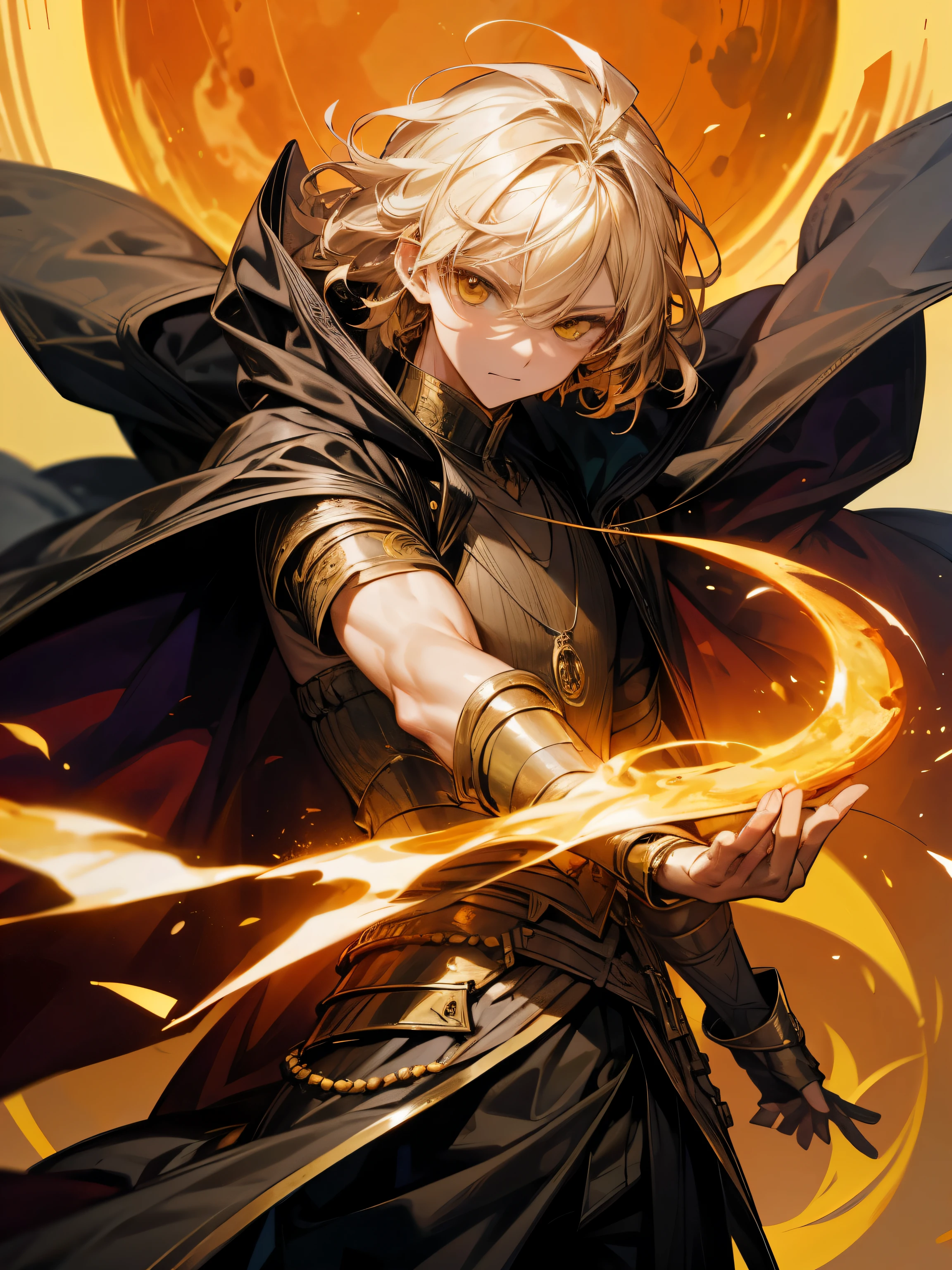 Gere uma imagem de um personagem com os seguintes atributos: The character is a man with short, wheat-colored hair., honey amber eyes, a noble and mature appearance, vestindo uma armadura preta coberta por um manto verde. The hair is short and wavy, with a neutral expression. The character is adorned with a full crescent moon and a gibbous moon necklace, bem como um colar de ametista. lua de sangue. The style is manga