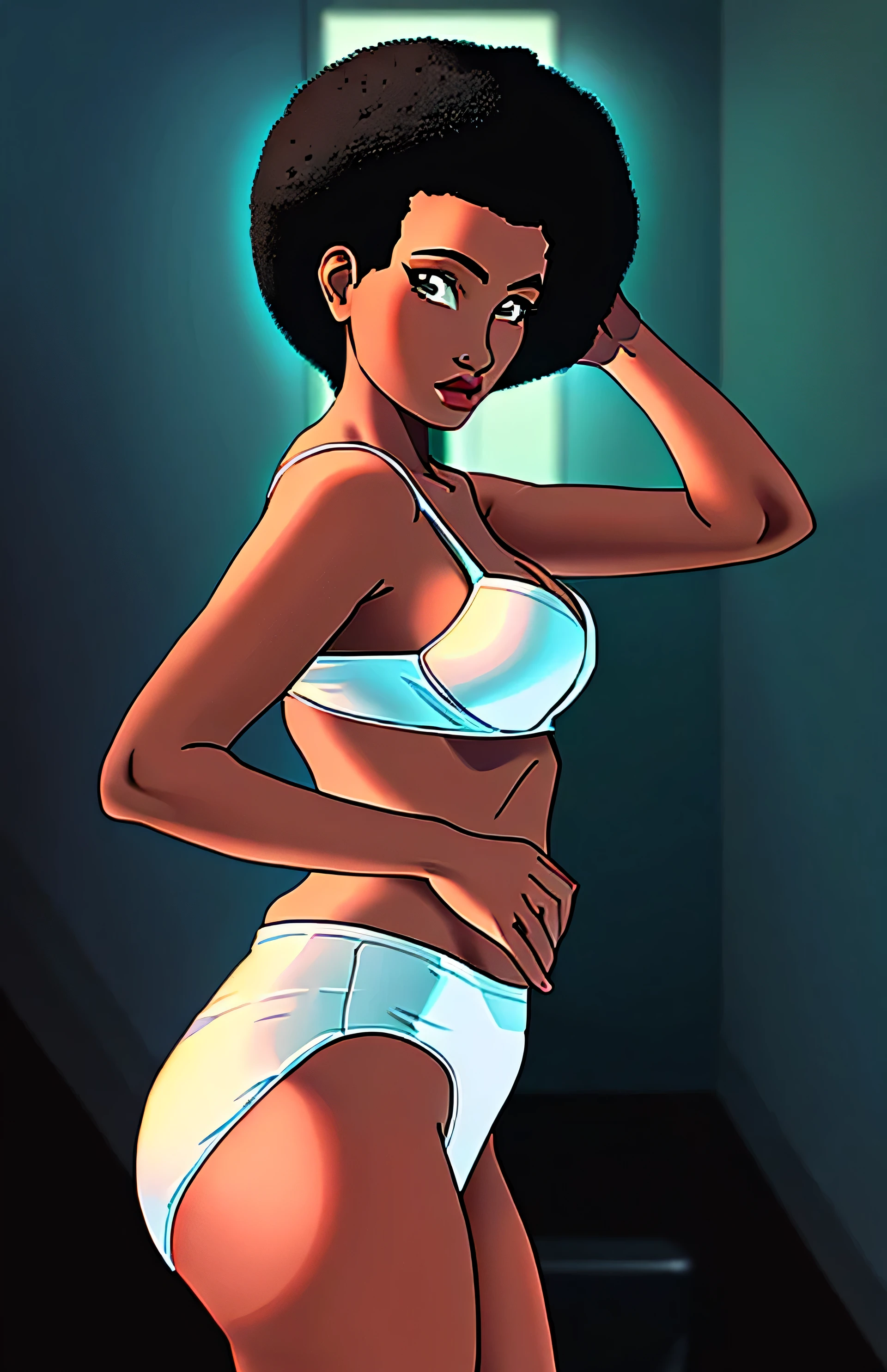 ((((masterpiece, best quality)))), ((33 year old)), (((Curvy))), ((Black woman with black afro)), in ((white bra)), ((white high cut fullback panties)), ((Large Hips)), ((Standing in a cluttered bathroom)), (((Western cartoon style)))