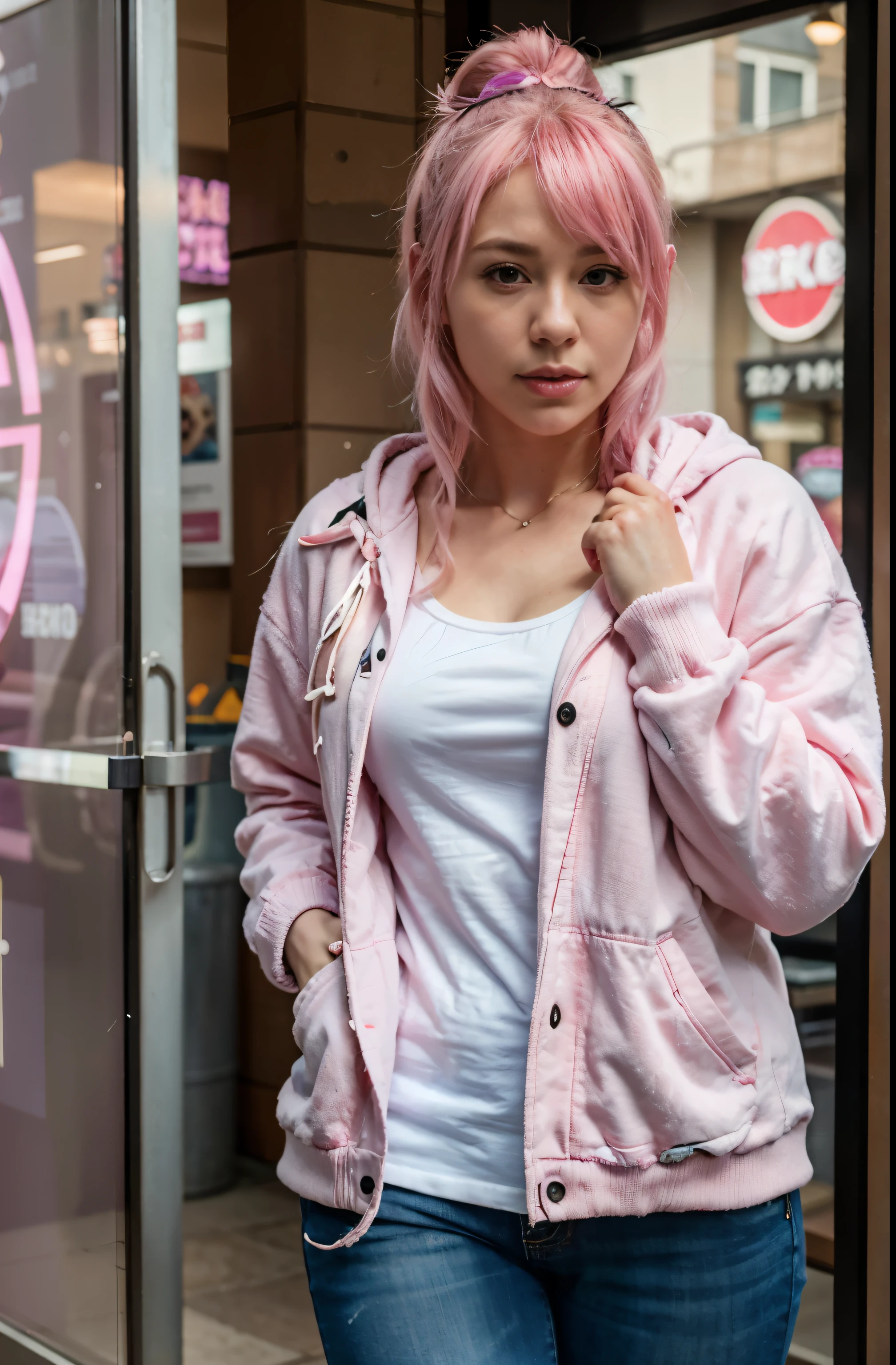 arafed woman in pink hair wearing winter jeans and full fluffy hoodie jacket , ross tran 8 k, smooth pink skin, alena aenami and artgerm, some pink, seductive anime girl, 8k high quality detailed art, badass anime 8 k, photorealistic anime girl render, thicc, pink girl, beautiful alluring anime woman, 3 d anime realistic