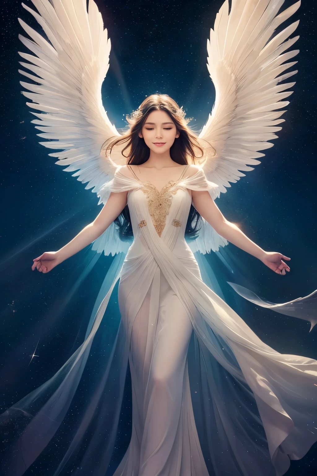 Angel with wings, gracefully posing in mid-air, radiant halo above her head, wings spread wide, feathers softly glowing in the ethereal light, delicately detailed and translucent, intricately veined, high resolution, 8k wallpaper, super detailed and finely crafted, angelic face, beautifully detailed and expressive eyes, serene smile playing on her lips, ethereal aura, glowing wings creating a dynamic shape against the stars and twinkling night sky, masterpiece of angelic beauty, eliciting a sense of peace and wonder, permanent and breathtaking.