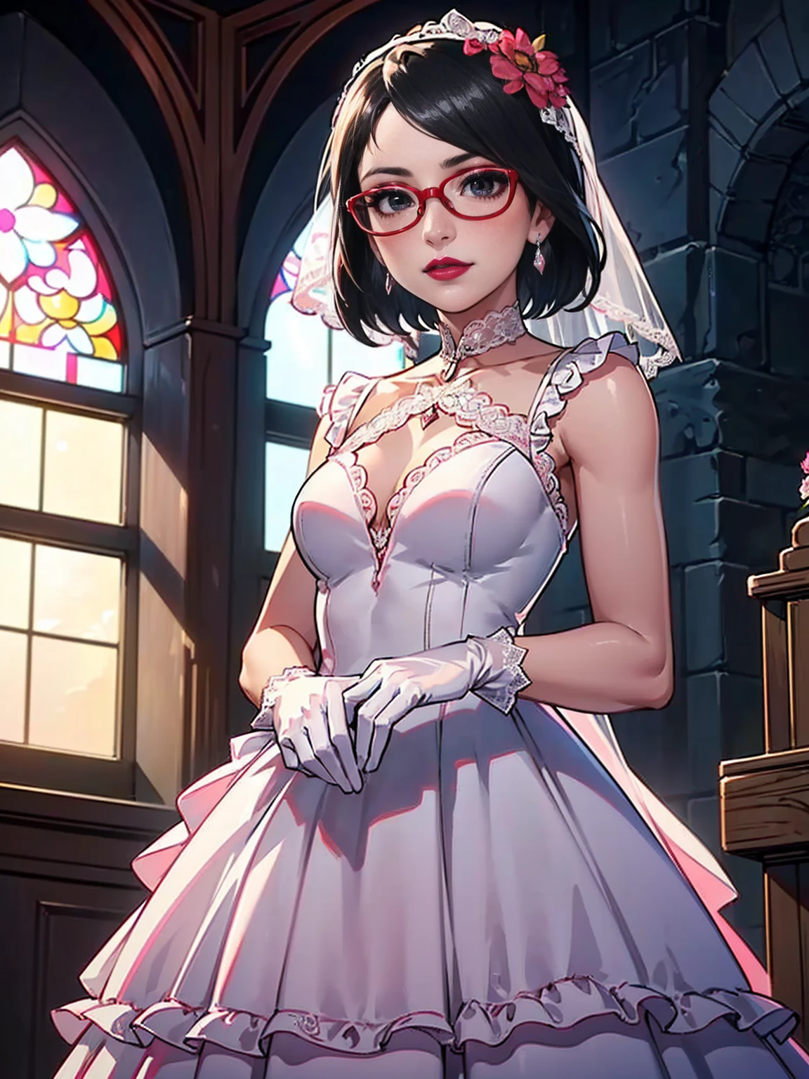 ((1girl, solo ,alone, long hair, green hair, yellow eyes, hair covering one eye, woman, (one hand on her hip, one hand behind her head) , dynamic pose, muscular female, gold bracelets, ruby earrings)), fitness, ((solo, (1woman, pink lipstick), Extremely detailed, ambient soft lighting, 4k, perfect eyes, a perfect face, perfect lighting, a 1girl)), ((solo, (1woman, pink lipstick), Extremely detailed, ambient soft lighting, 4k, perfect eyes, a perfect face, perfect lighting, a 1girl)), holding a gazania bouquet, cowboy shot, looking at viewer, blush, sapphire earrings, earrings, jewelry, church, window, sky, sunlight, complex background, sunset,((red lipstick, hair flower ornament, (lace dress, wedding dress, ruffles:1.2), bride, white gloves, long gloves))