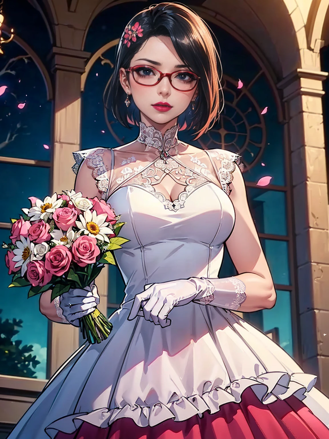 ((1girl, solo ,alone, long hair, green hair, yellow eyes, hair covering one eye, woman, (one hand on her hip, one hand behind her head) , dynamic pose, muscular female, gold bracelets, ruby earrings)), fitness, ((solo, (1woman, pink lipstick), Extremely detailed, ambient soft lighting, 4k, perfect eyes, a perfect face, perfect lighting, a 1girl)), ((solo, (1woman, pink lipstick), Extremely detailed, ambient soft lighting, 4k, perfect eyes, a perfect face, perfect lighting, a 1girl)), holding a gazania bouquet, cowboy shot, looking at viewer, blush, sapphire earrings, earrings, jewelry, church, window, sky, sunlight, complex background, sunset,((red lipstick, hair flower ornament, (lace dress, wedding dress, ruffles:1.2), bride, white gloves, long gloves))