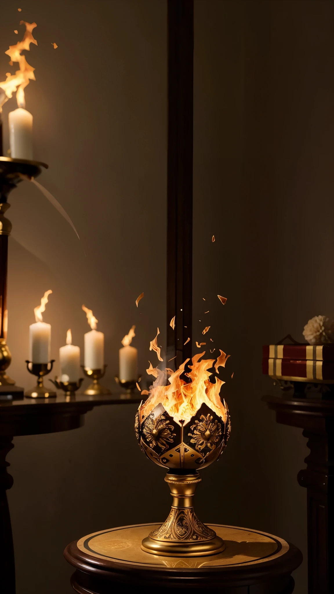 Fogo furioso,alta qualidade dynamic shot of a fire chalice, ornamentado, lindo, transbordando com poeira fogueira, magical object sitting in a decorative space fire display case, photoshoot, alta qualidade, calice dourado