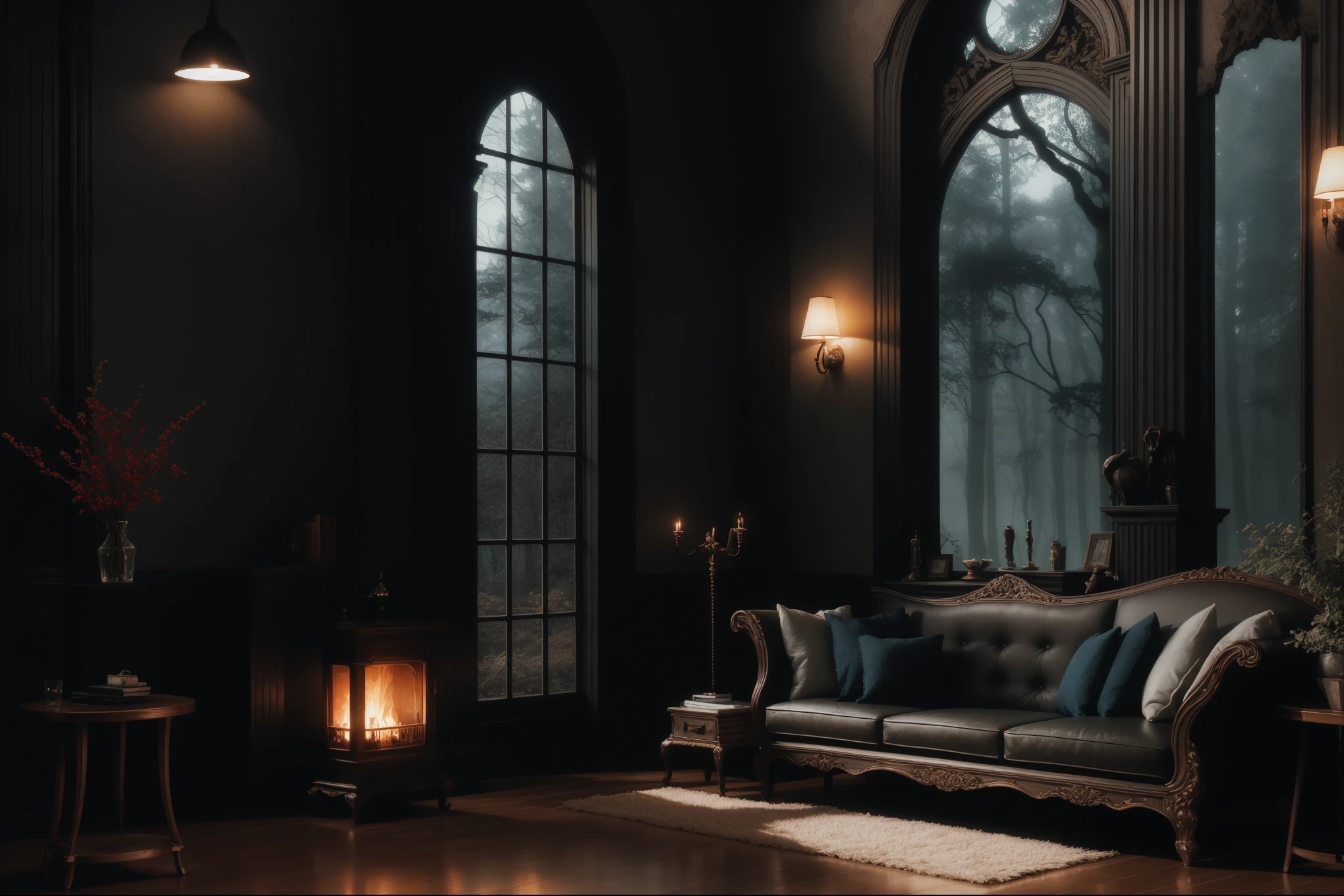 dark night、Western style living room deep in a dark and mysterious forest、relax、 interior architecture, gothic art, Verism, One person's point of view, outside, canon, Super Detail, high quality, A high resolution, 8 k, Best quality
