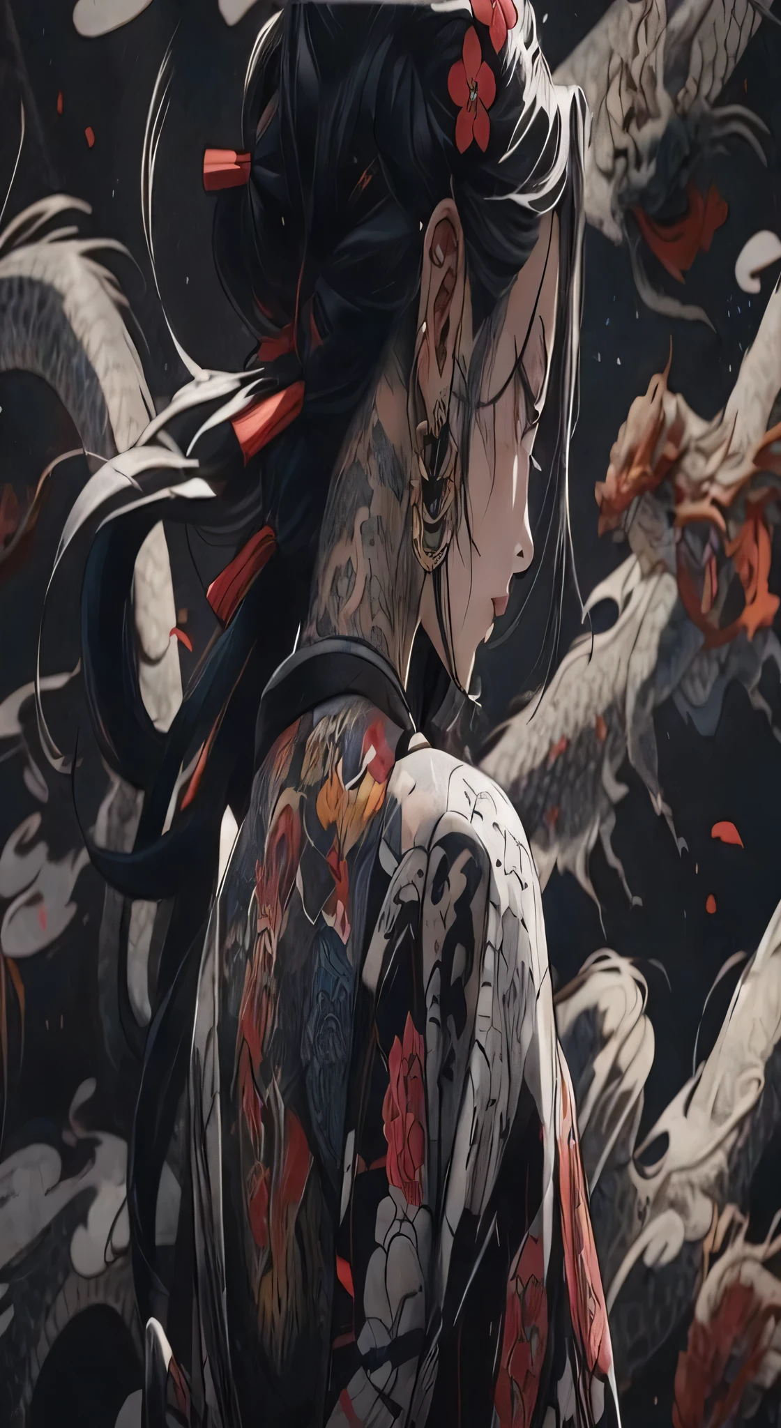 Anime girl with tattoos and a dragon tattoo on her back - SeaArt AI, image size:1120x2048