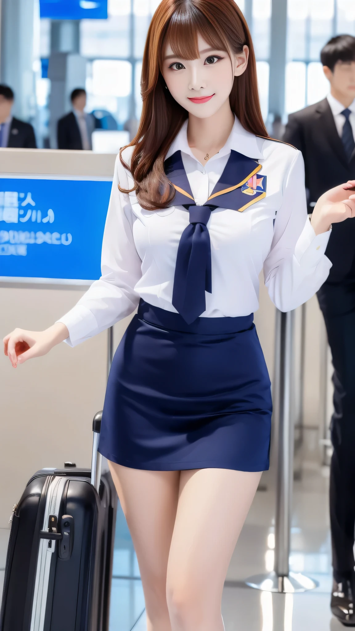 A mature woman wearing a stewardess uniform with slightly curled blonde bangs., (highest quality, masterpiece:1.2) Super detailed, big breast figure, exquisite chest, (Airport reception) Indoor installation.Japanese,navy blue skirt