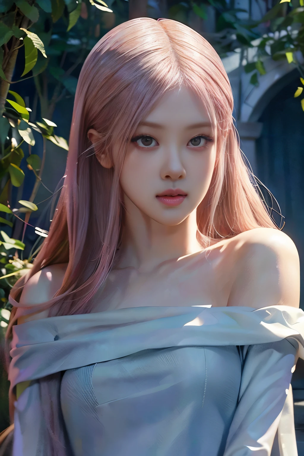 Rose from blackpink, camera in distant, pink hair, (full body), shocked pose, standing in casual clothes in a fantasy garden, a fountain in the background, , detailed eyes and lips, long eyelashes, beautiful detailed face, realistic posing, studio lighting, vivid colors, ultra-fine painting, professional,full length, Drenched hair, (masterpiece, best quality, award winning, highres), skinny, intricate and beautiful design, highly detailed beautiful face, super detailed beautiful eyes, light smile, windy, sun lights, fantasy art, dynamic lighting, cinematic lighting, hyper realistic, extremely CG detail, octane render, (artistic + masterpiece:1.4), (incredibly detailed eyes), (8k, Photorealistic, Photo RAW, Best quality: 1.4), (UHD), (Ultra high realism), (Ultra high definition), (Ultra high detail), (Realistic face), Beautiful hairstyle, Realistic bright amber eyes, Beautiful details, (Realistic skin), Pale, smooth and luminous skin with iridescent shine and no imperfections, Ultra high definition, Ultra realistic, Highly detailed