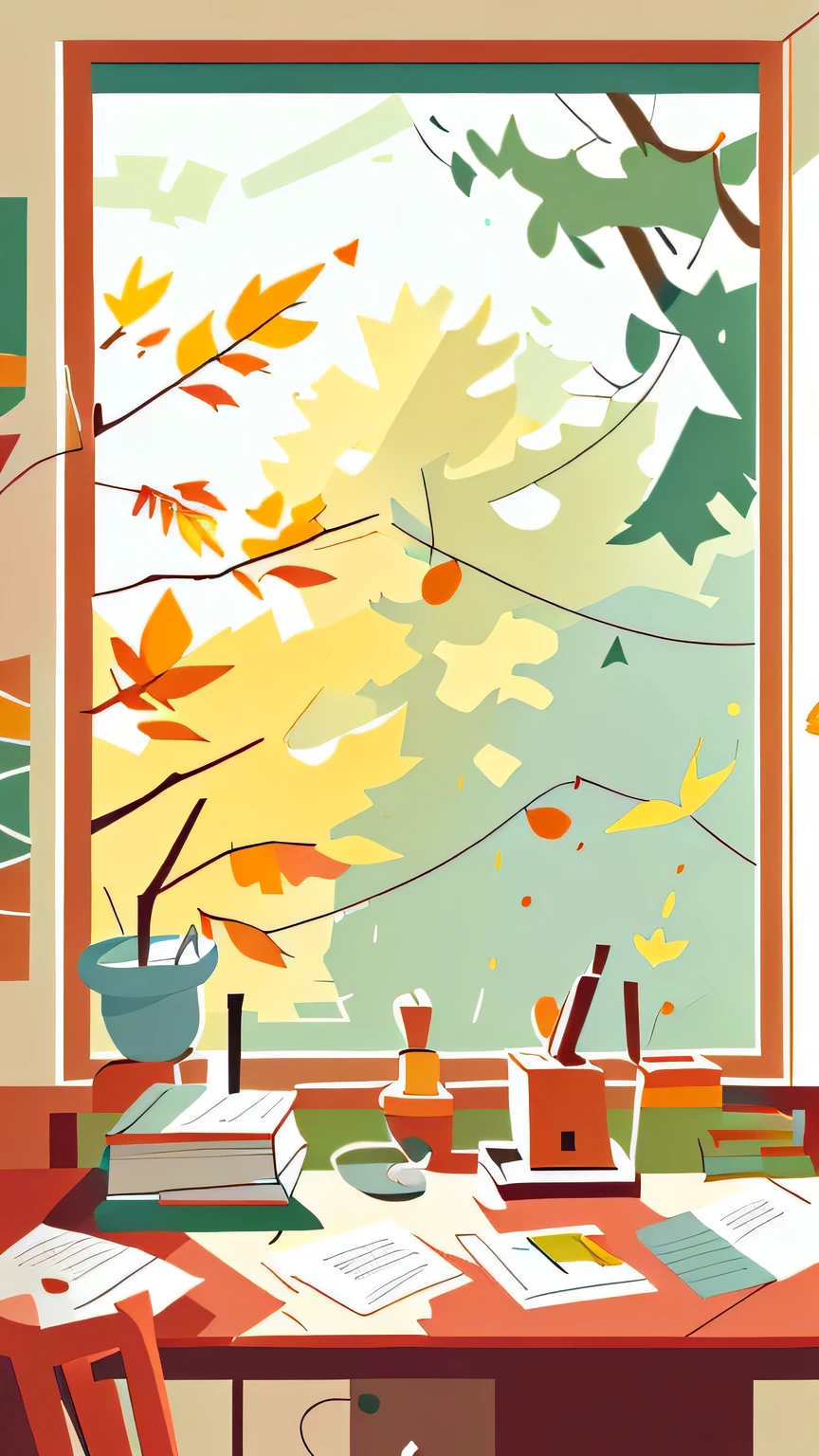 close shot，There is a book on the table，Maple leaves fall on the book，（Minimalism，simple，Succinct），windowsill，indoor，Sunlight，no one--v6，Hand drawn illustration，wallpaper，light and shadow，flat illustration， Inspired by Wu Guanzhong, Official illustration