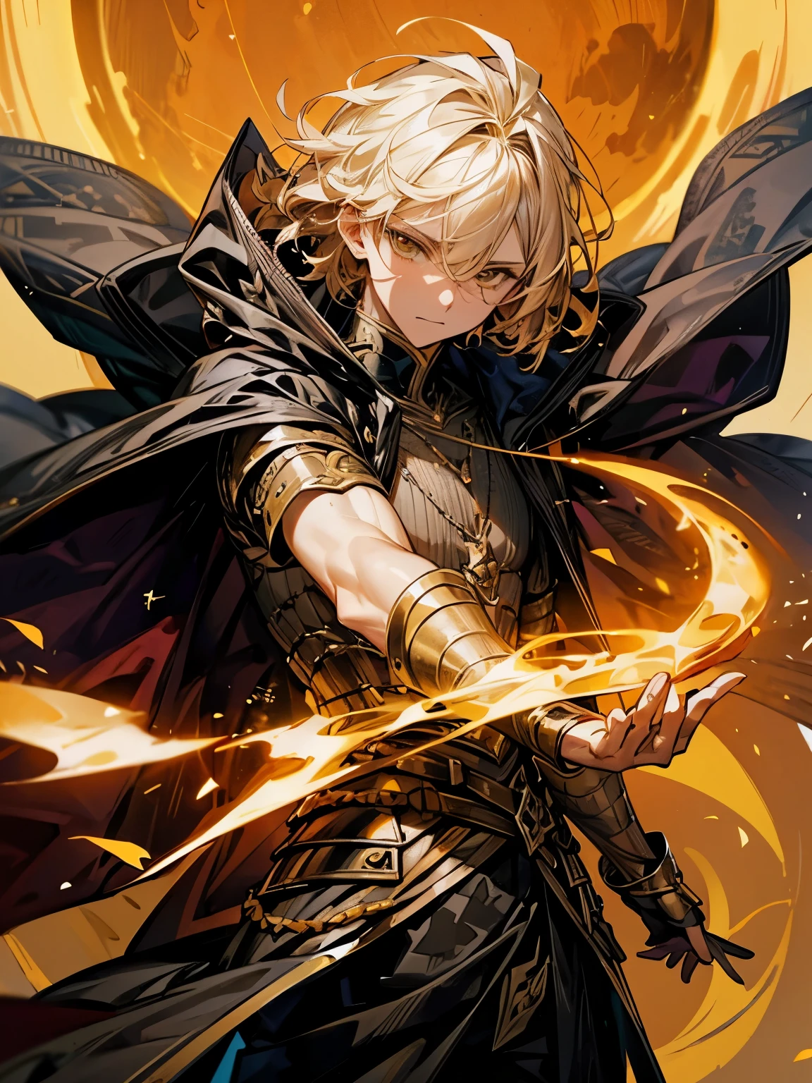 Generate an image of a character with the following attributes: The character is a man with short and wheat-colored hair, amber-honey eyes, a noble and mature appearance, wearing black armor covered by a green cloak. The hair is short and wavy, with a neutral expression. The character is adorned with a complete crescent moon and waning moon necklace, as well as an amethyst necklace. Blood Moon. The style is manga