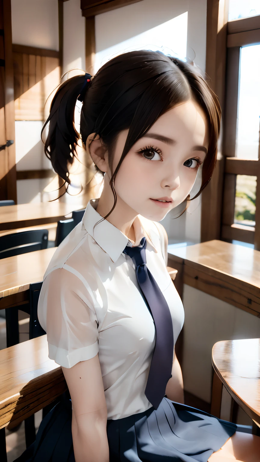 (table top, highest quality:1.2), 8K, 15 years old, 85mm, official art, Raw photo, absurd, white dress shirt, cute face, close, Upper body, viola lace, gardenia, beautiful girl, school uniform, (navy pleated skirt:1.1), Cinch West, thighs, short sleeve, classroom, ponytail、short hair、short hair、sit on a bench seat, looking at the viewer, no makeup, (smile:0.4), film grain, chromatic aberration, sharp focus, face light, clear lighting, teen, detailed face, background bokeh, (dark red tie:1.1)、日本の学校のclassroom、classroom