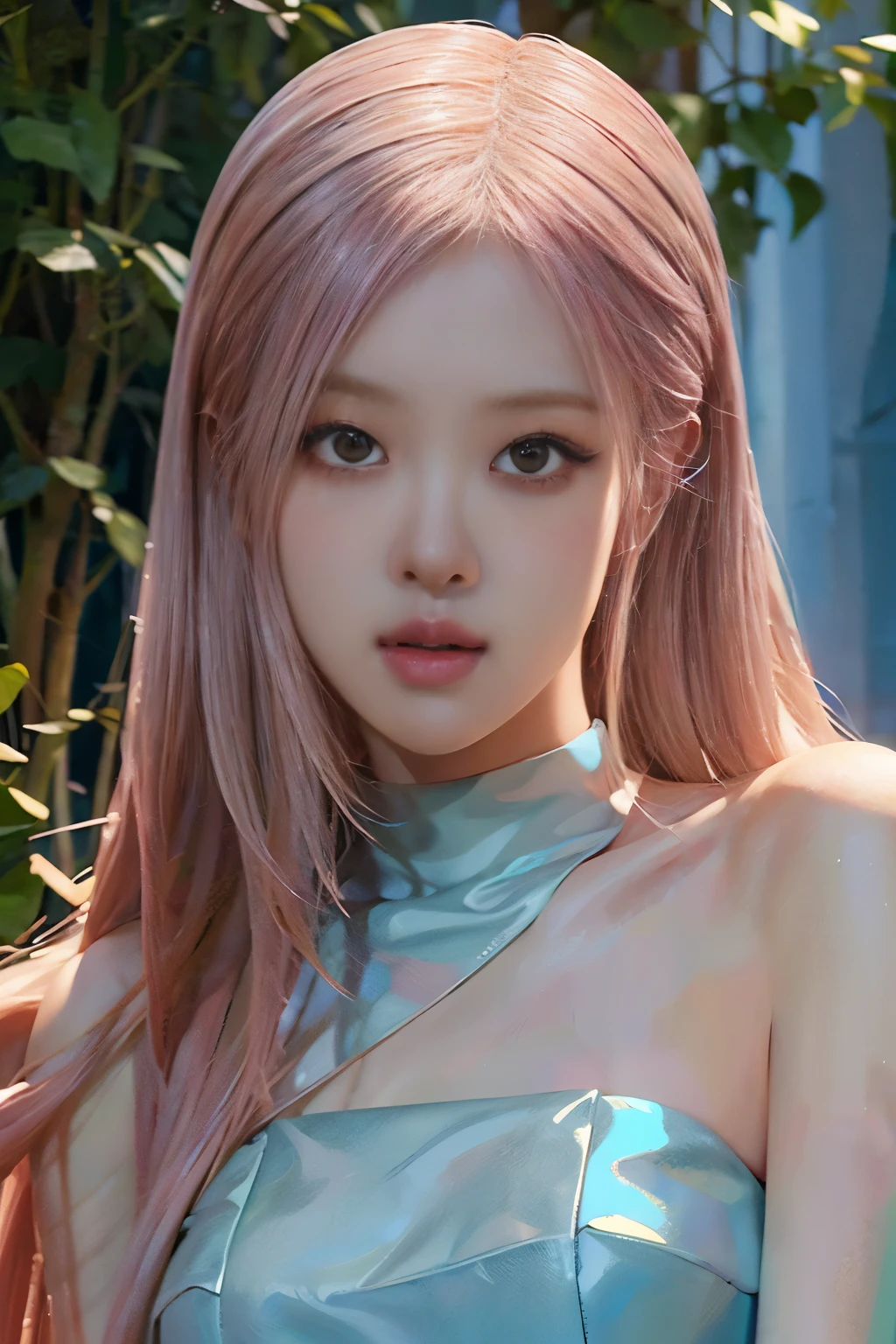 Rose from blackpink, camera in distant, pink hair, (full body), shocked pose, standing in casual clothes in a fantasy garden, a fountain in the background, , detailed eyes and lips, long eyelashes, beautiful detailed face, realistic posing, studio lighting, vivid colors, ultra-fine painting, professional,full length, Drenched hair, (masterpiece, best quality, award winning, highres), skinny, intricate and beautiful design, highly detailed beautiful face, super detailed beautiful eyes, light smile, windy, sun lights, fantasy art, dynamic lighting, cinematic lighting, hyper realistic, extremely CG detail, octane render, (artistic + masterpiece:1.4), (incredibly detailed eyes), (8k, Photorealistic, Photo RAW, Best quality: 1.4), (UHD), (Ultra high realism), (Ultra high definition), (Ultra high detail), (Realistic face), Beautiful hairstyle, Realistic bright amber eyes, Beautiful details, (Realistic skin), Pale, smooth and luminous skin with iridescent shine and no imperfections, Ultra high definition, Ultra realistic, Highly detailed